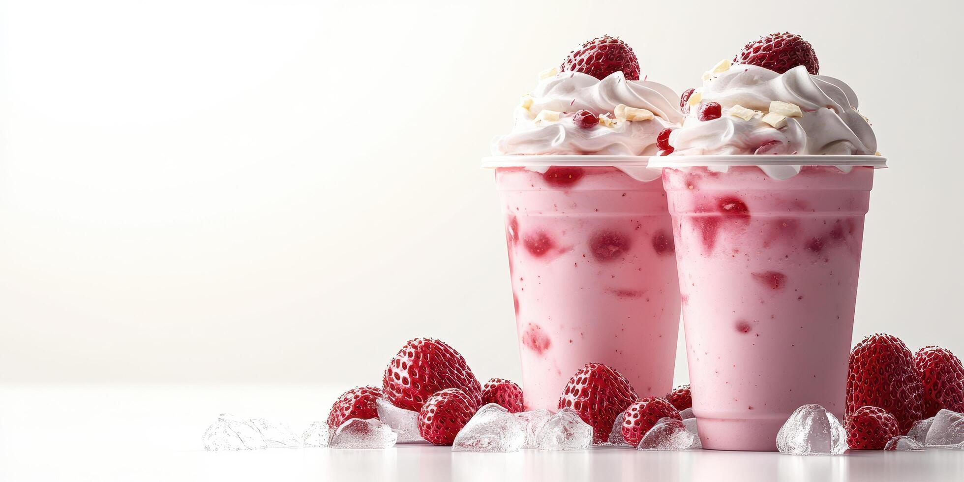 Delicious strawberry milkshakes topped with whipped cream served with fresh strawberries and ice photo