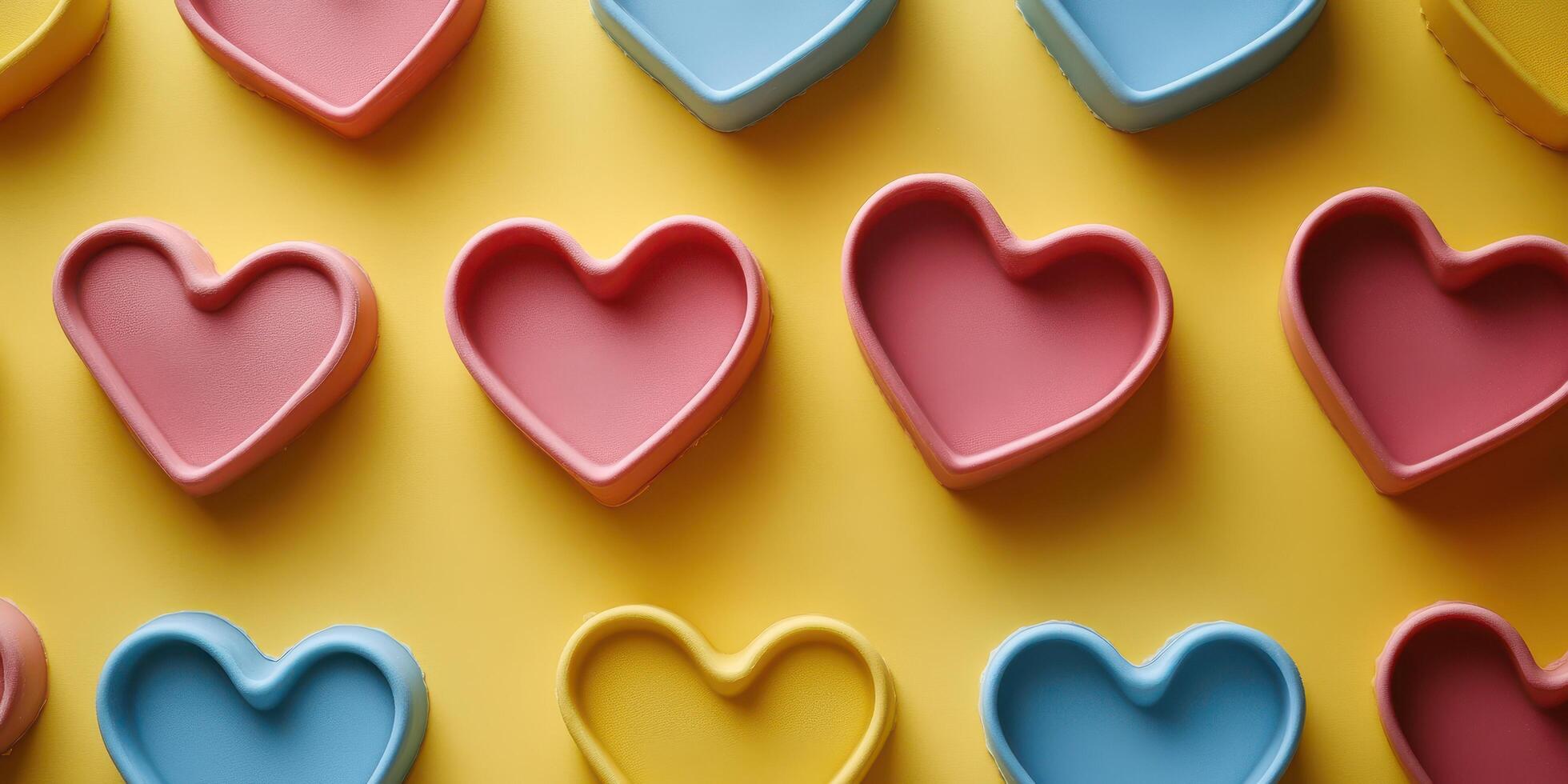 Colorful heart-shaped molds arranged on a bright yellow surface, perfect for baking or crafting activities photo
