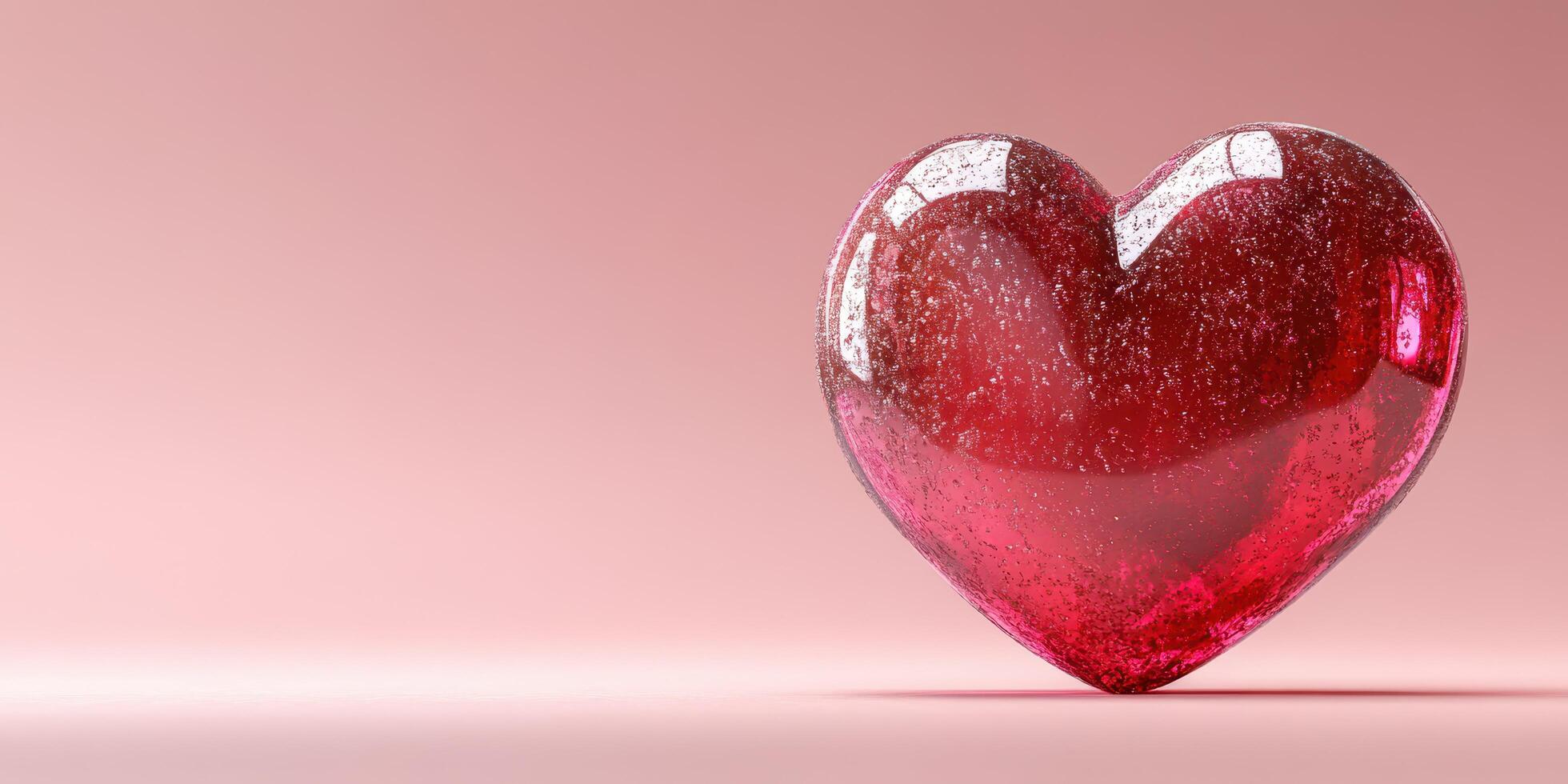 Decorative red heart made of glass resting on a soft pink background with sparkling details and smooth edges photo