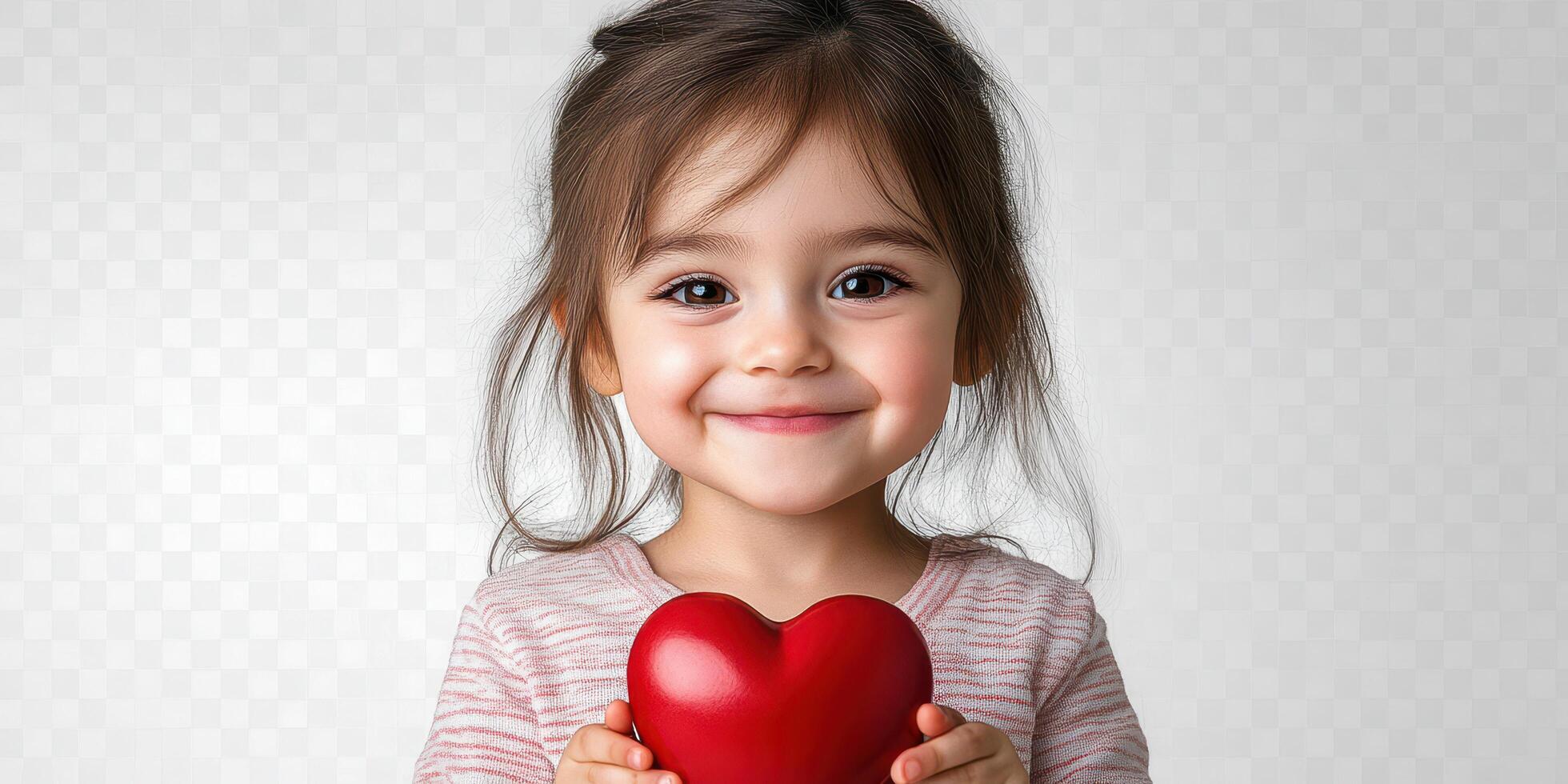 Cute toddler smiling while holding a red heart-shaped object in front of a plain background photo