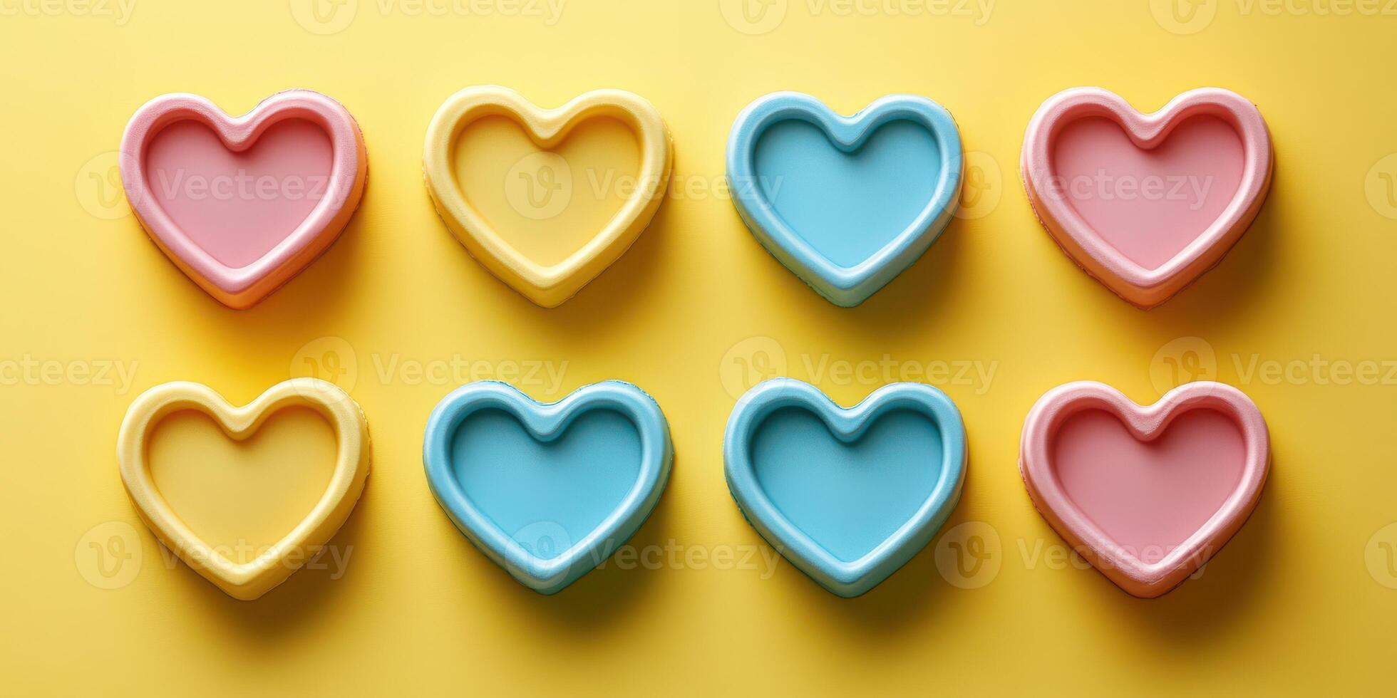 Colorful heart-shaped cookie molds arranged in a grid on a bright yellow background for baking and decoration photo