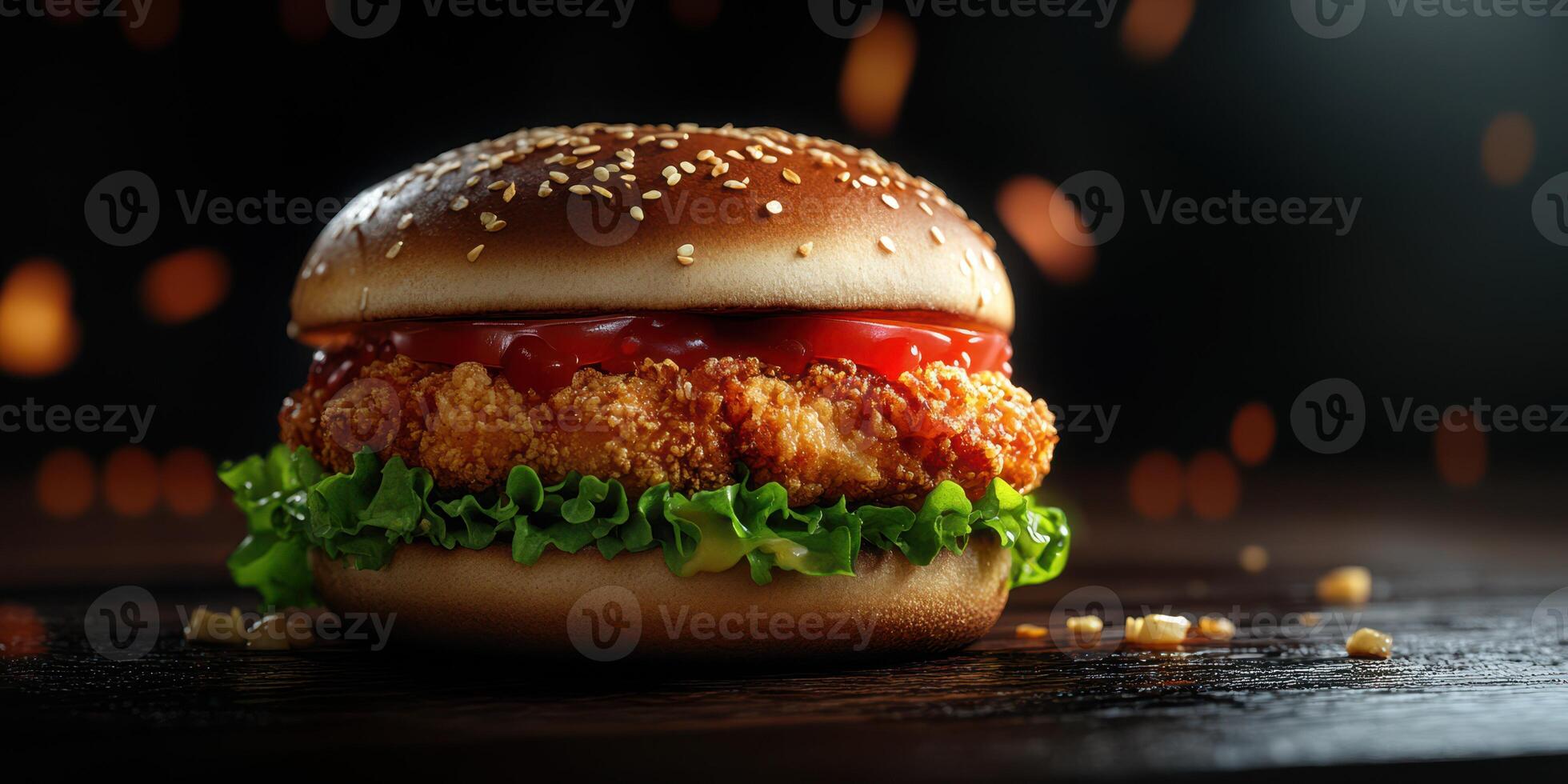 Juicy fried chicken burger with fresh lettuce and ketchup on a sesame seed bun during an evening setting photo
