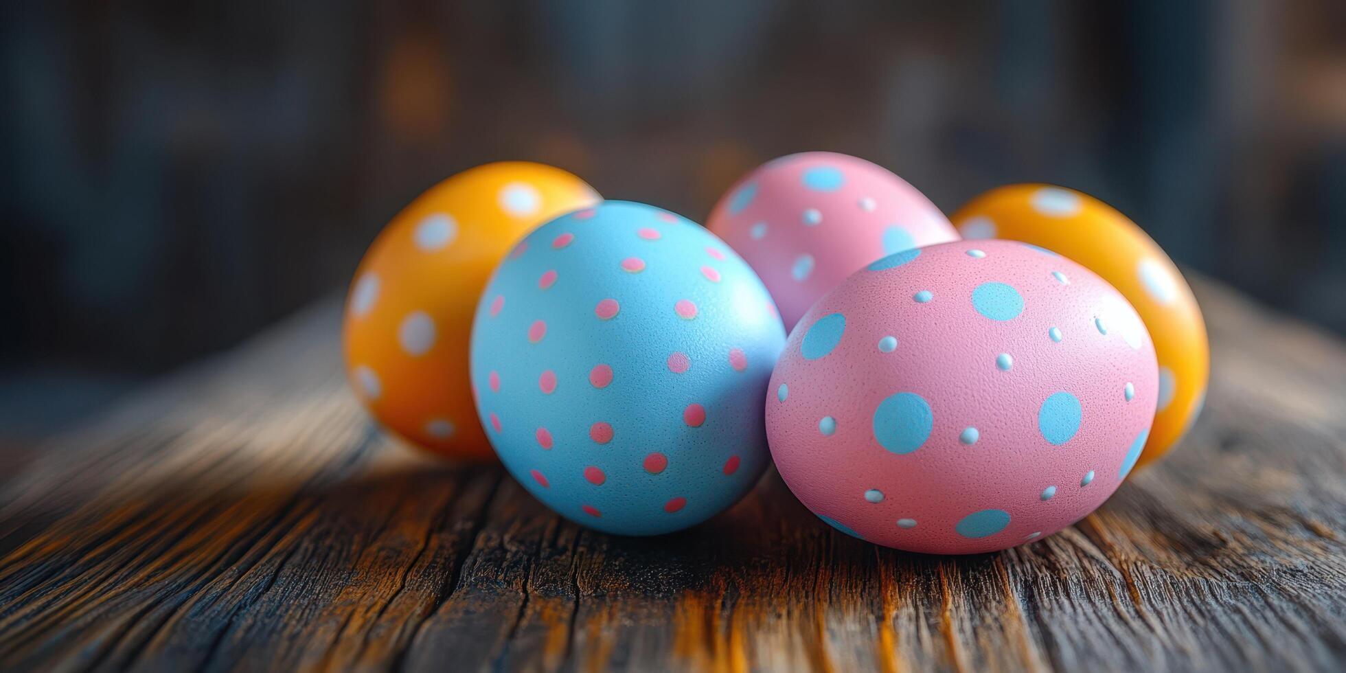 Colorful decorated eggs arranged on a rustic wooden surface during spring festivities photo