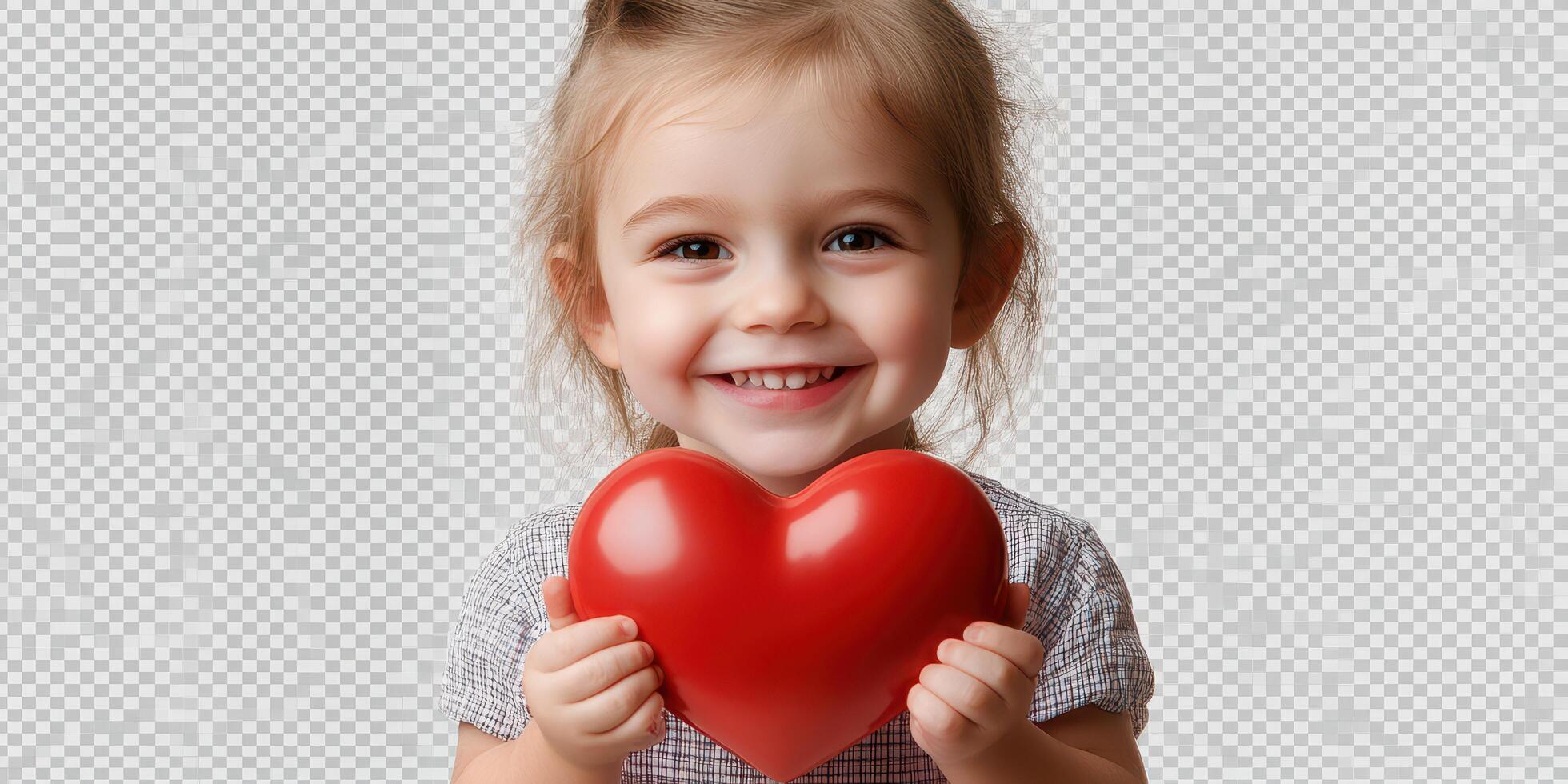 Young girl smiling while holding a red heart shape during a bright and cheerful moment photo