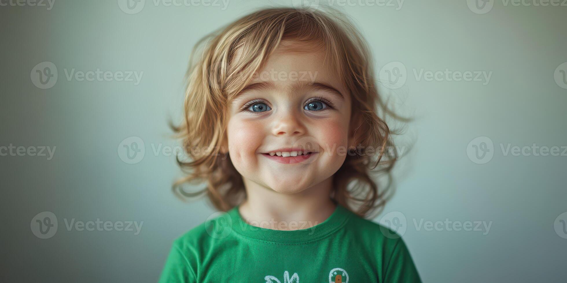 Cheerful child with curly hair wearing green shirt poses for portrait indoors photo