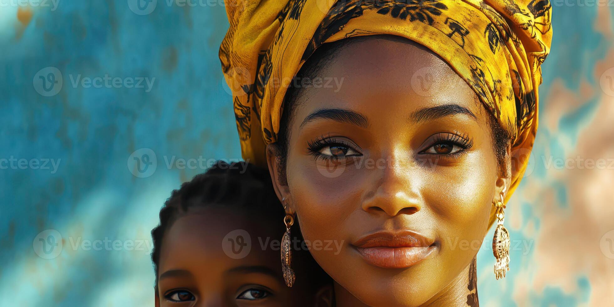 Mother and child sharing a warm moment in an urban setting adorned with vibrant colors and textures during the afternoon photo