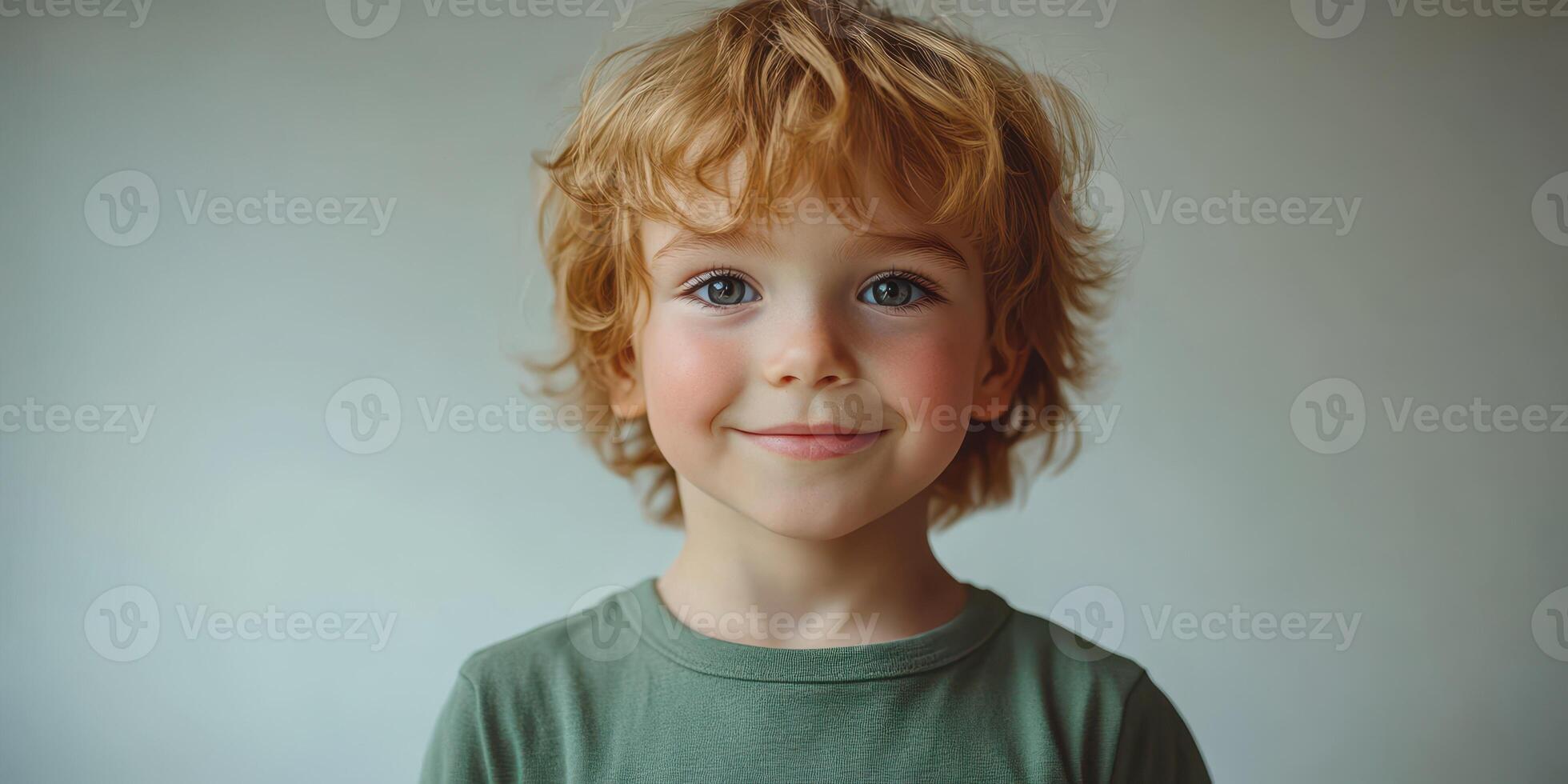 Smiling young boy with curly hair poses against a neutral background during a relaxed indoor setting photo