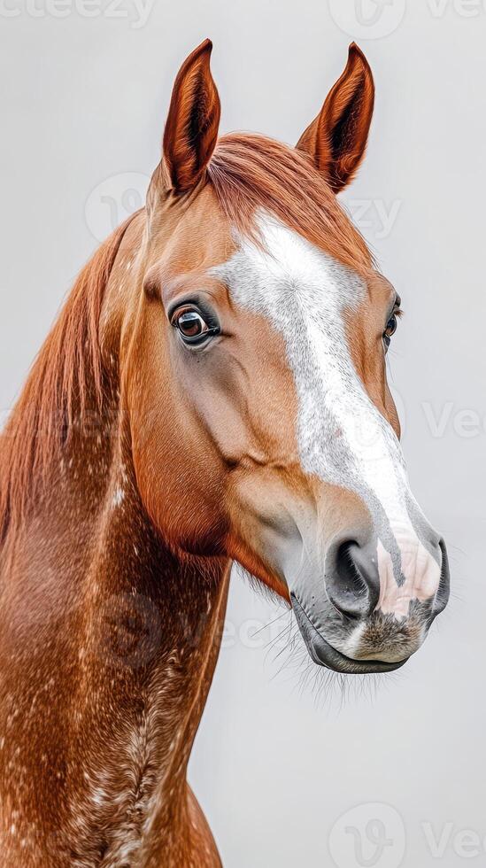 Beautiful chestnut horse portrait against a neutral background showcasing its gentle expression and striking features photo