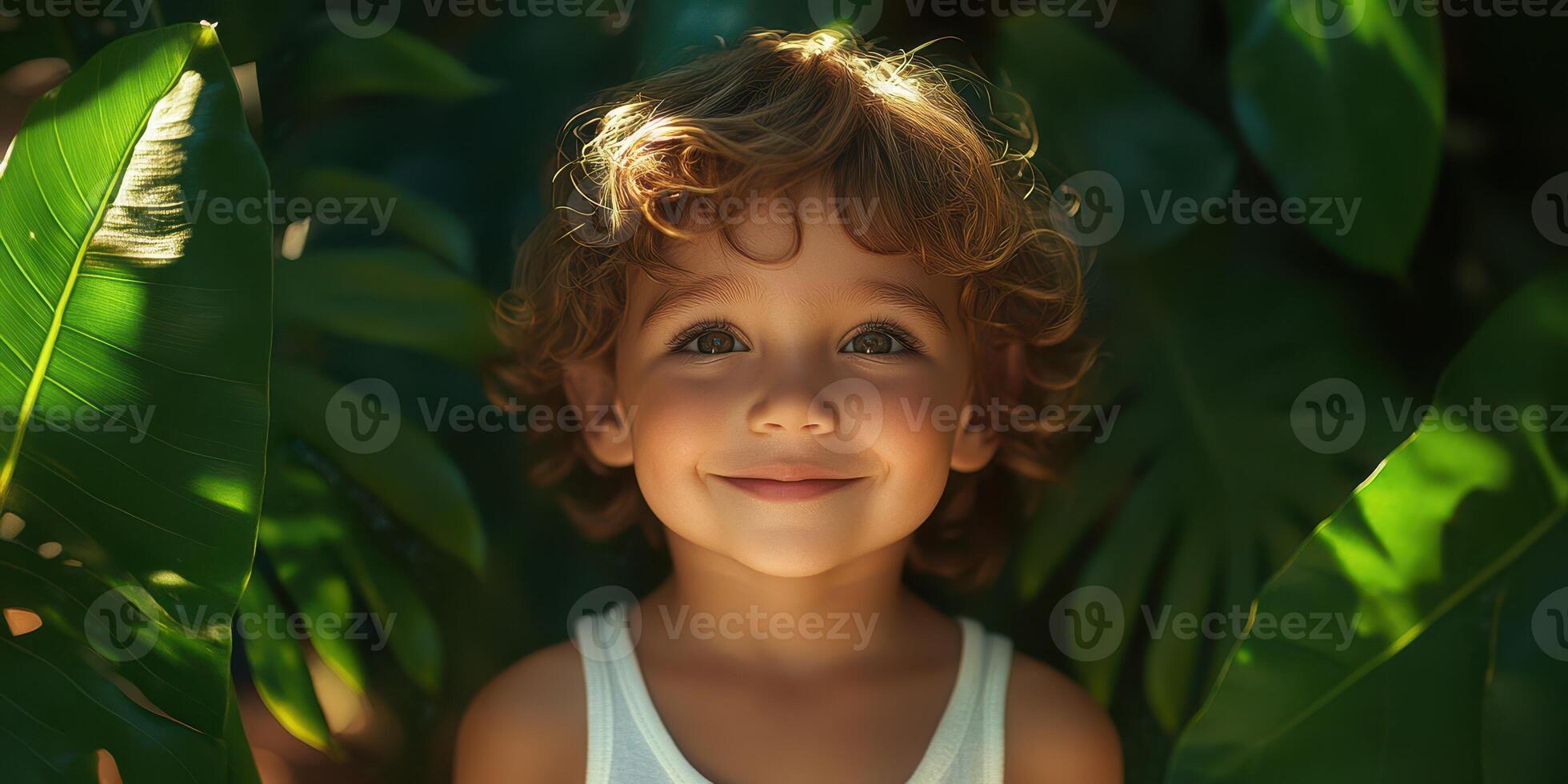 Smiling child surrounded by lush green foliage in a warm summer setting photo