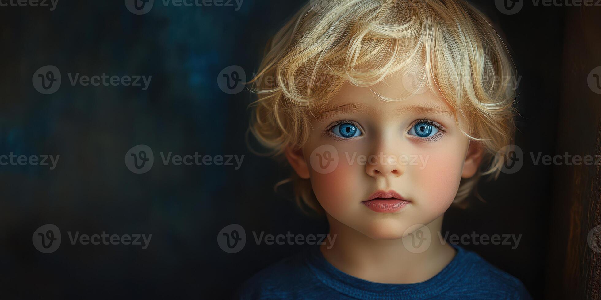 Young boy with striking blue eyes and tousled blonde hair poses thoughtfully against a dark background photo