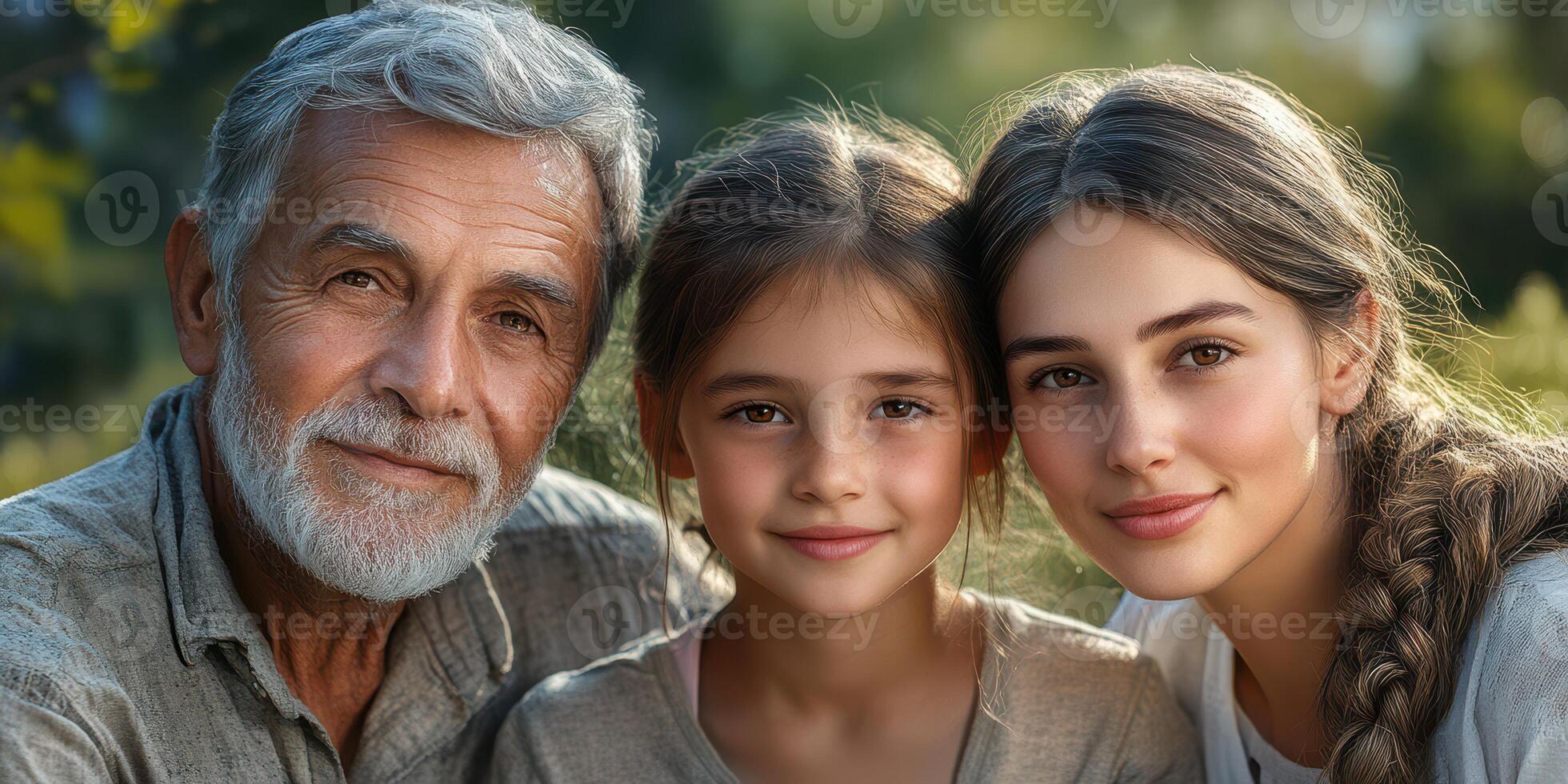 Family enjoying a sunny day outdoors with smiles and warmth in a natural setting surrounded by greenery photo
