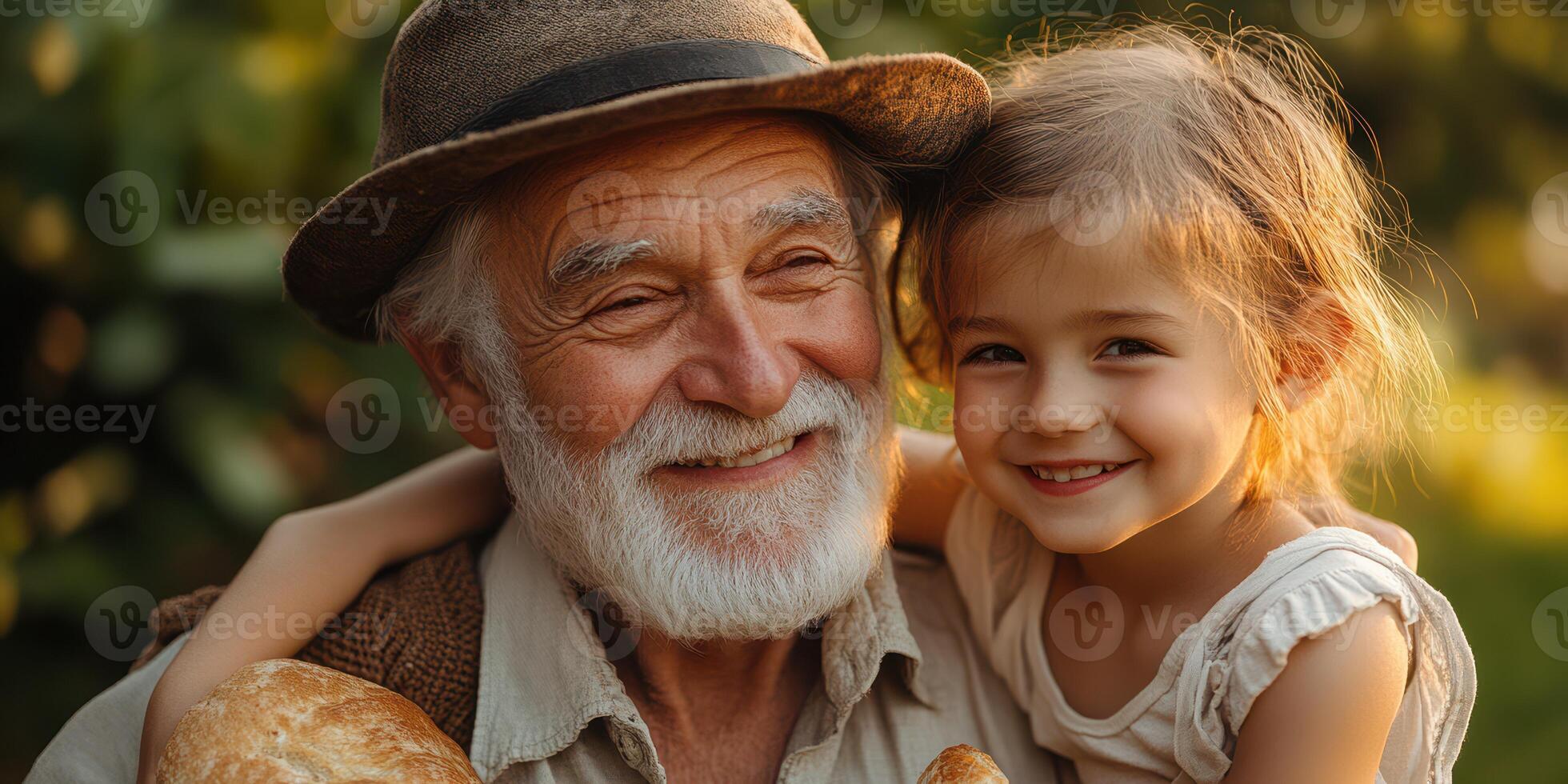 Grandfather happily shares bread with granddaughter in a sunny outdoor setting during summer photo