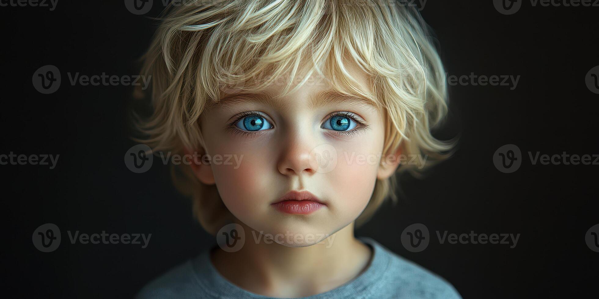 Young child with striking blue eyes and tousled blonde hair poses against a dark background during indoor portrait session photo