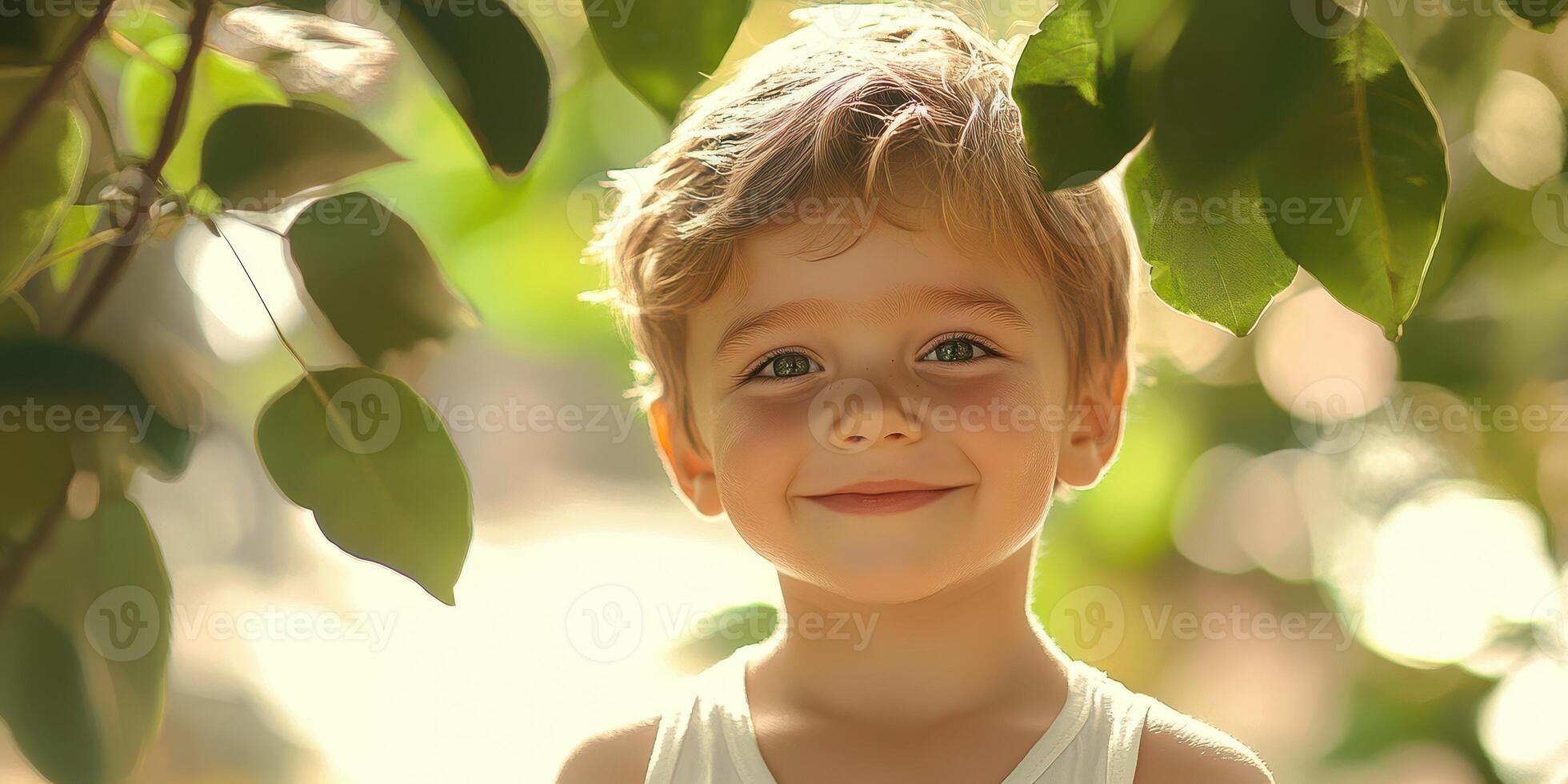 Young boy smiling joyfully surrounded by lush green leaves on a sunny day in a garden photo