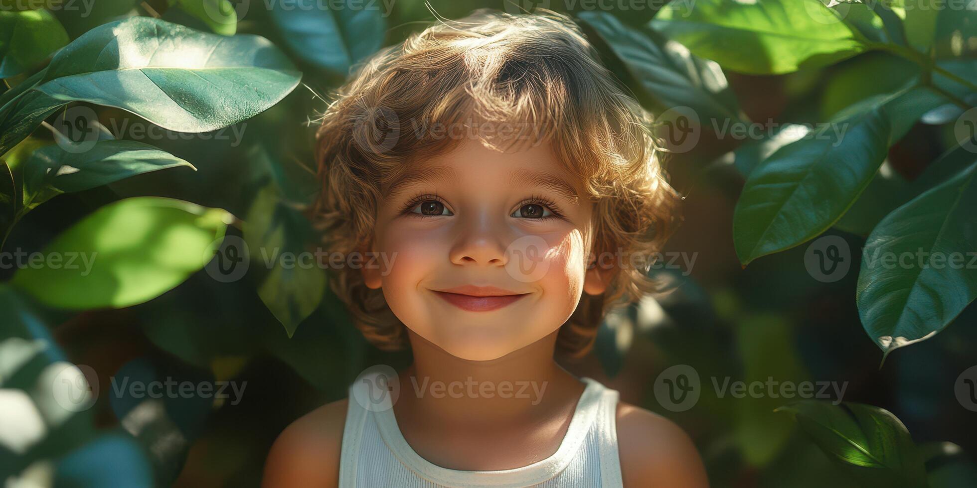 Joyful child smiling in a lush green garden during a sunny afternoon, surrounded by vibrant foliage and natural light photo