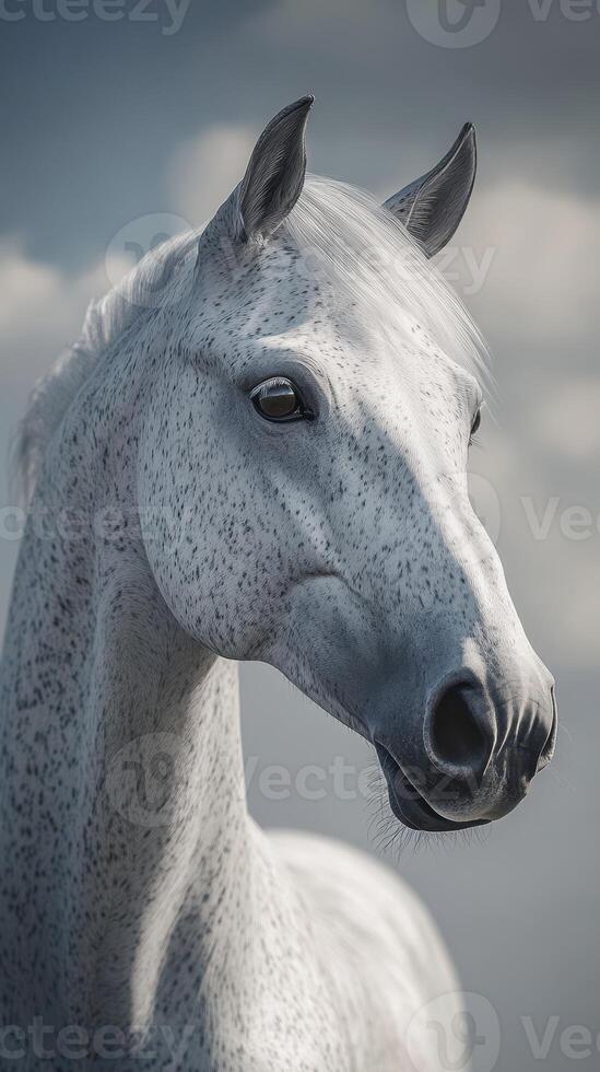 Majestic white horse with distinct spots gazes calmly against a backdrop of soft clouds in a serene outdoor setting photo