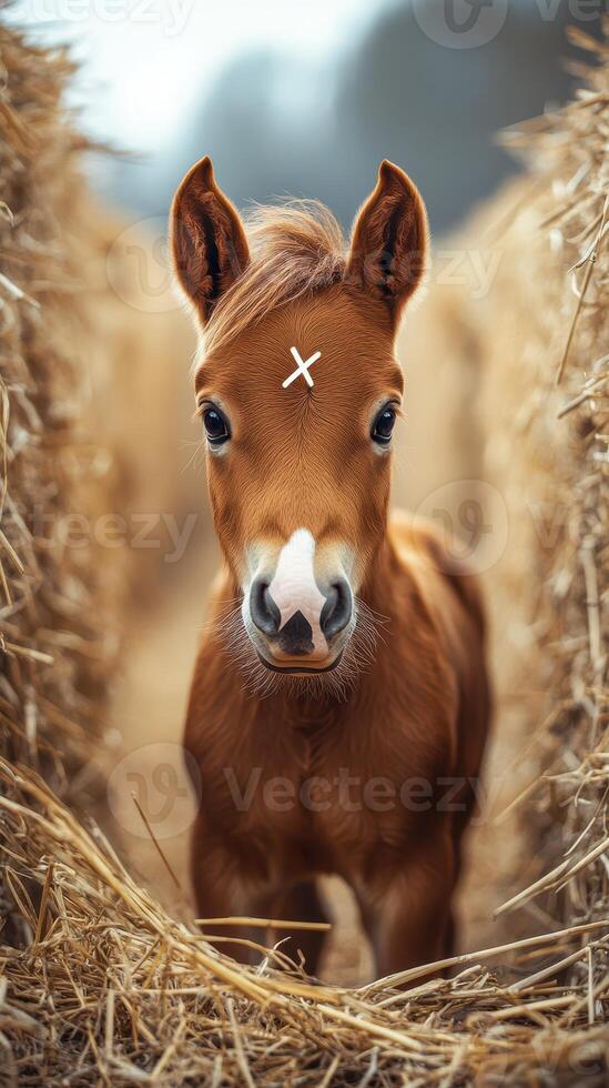 Young brown foal stands between bales of straw in a rural setting during daytime photo