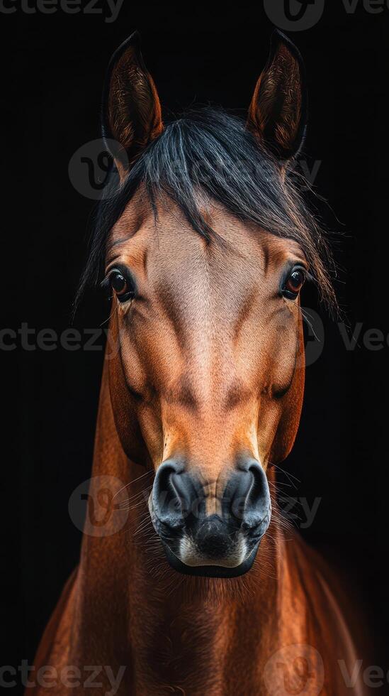 Majestic brown horse with expressive eyes posed against a dark background in a studio setting photo