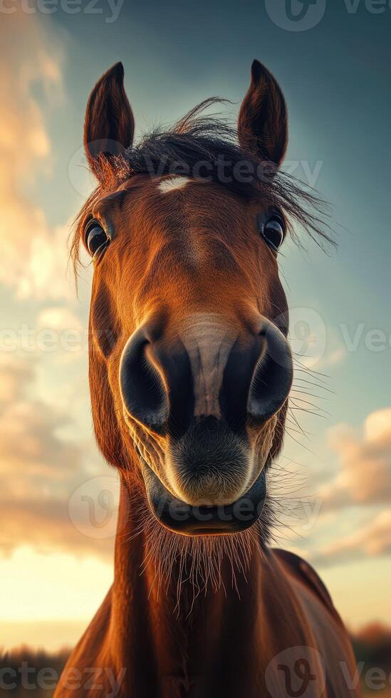 Horse gazes curiously at the camera during sunset in a serene pasture landscape photo