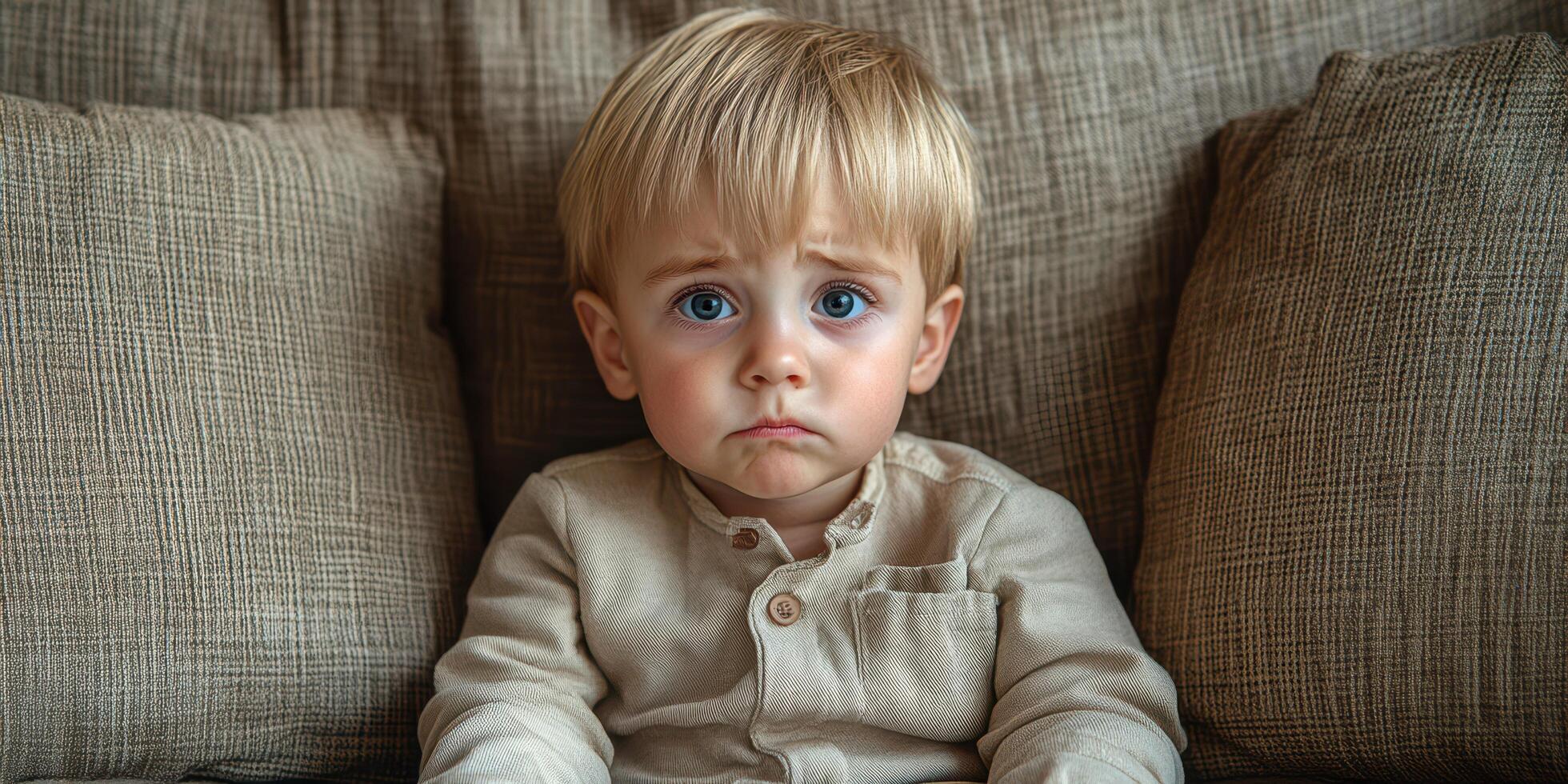 Child with a sad expression sitting on a couch surrounded by soft pillows during a quiet day at home photo