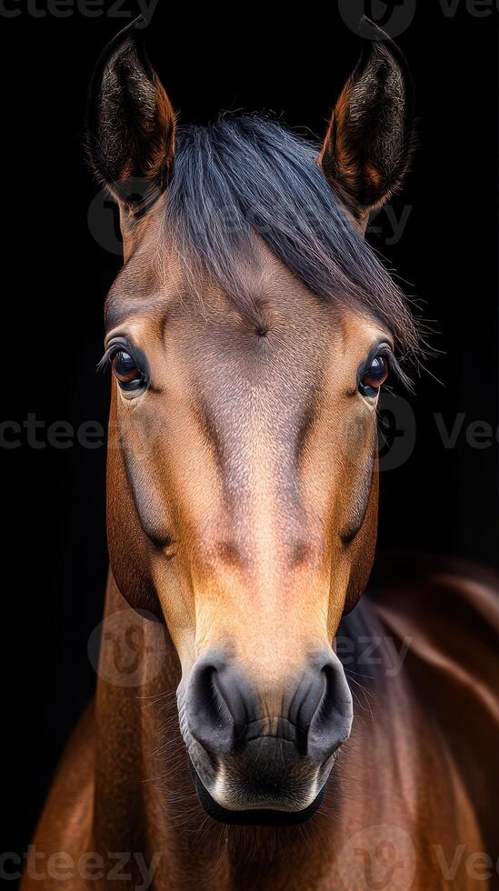 Brown horse with a calm expression standing against a dark background, showcasing its glossy coat and expressive eyes photo