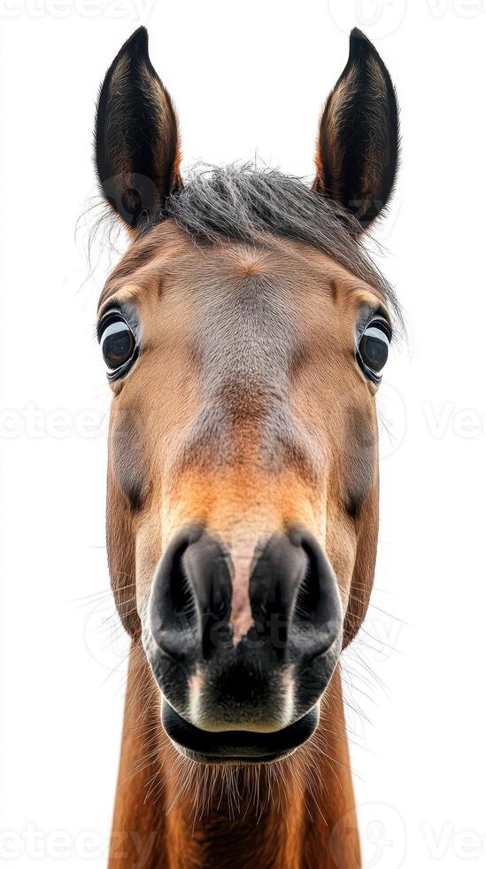 Close-up of a brown horse with expressive eyes and a friendly demeanor against a light background photo