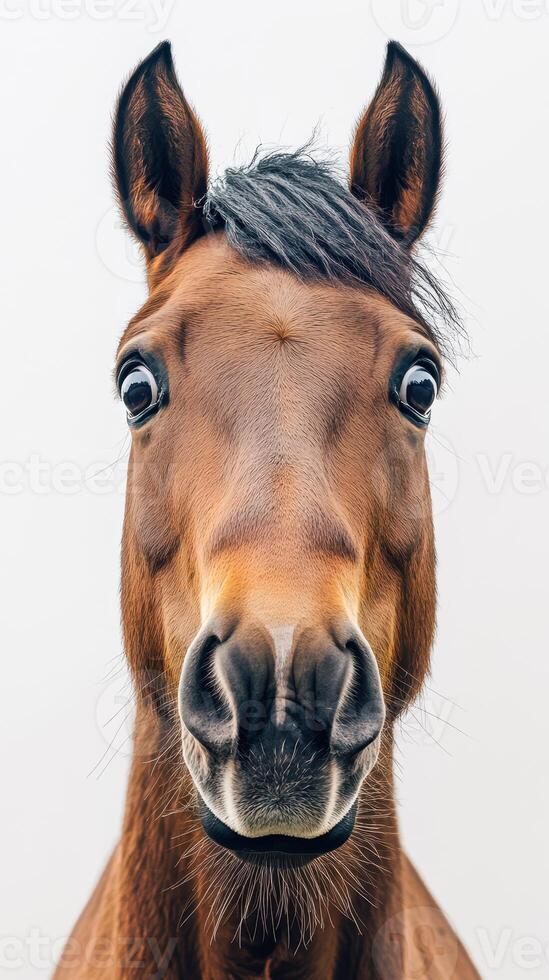 Horse with expressive eyes poses against a plain background, showcasing its beautiful features and charm during calm daylight photo