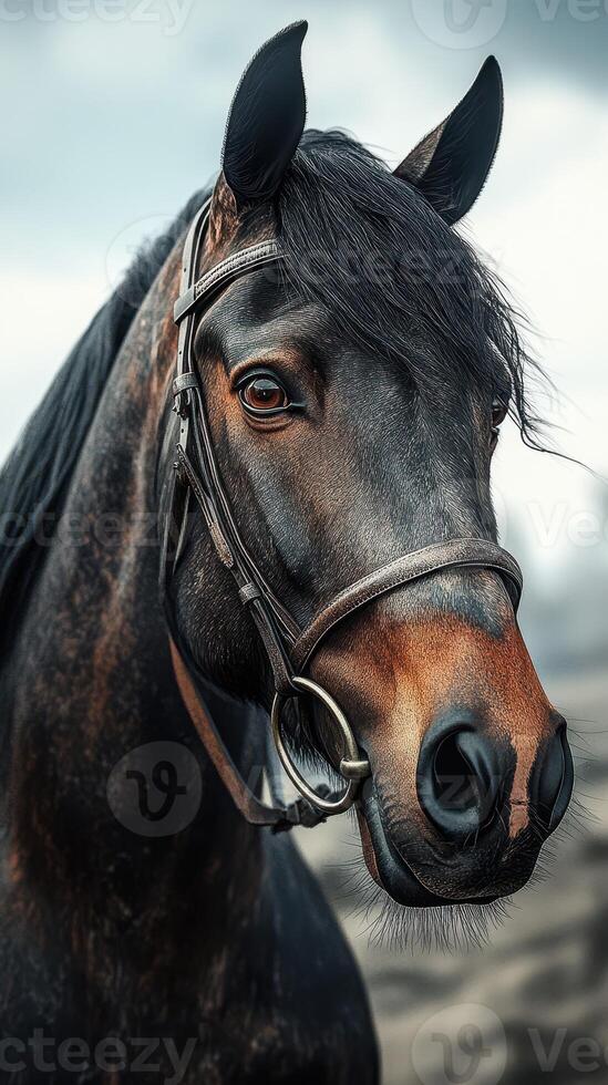 Majestic black horse with a shiny coat and bridle stands against a cloudy sky in a rural setting during the early morning hours photo
