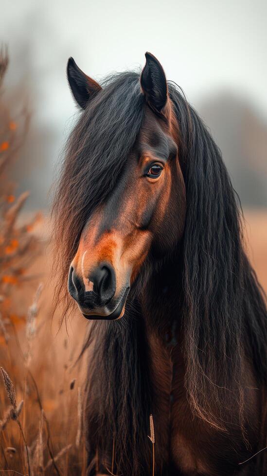 Majestic horse with long mane stands in tranquil autumn field during late afternoon light photo