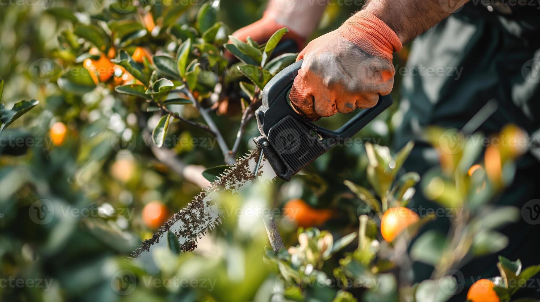 Trimming fruit tree branches with chainsaw closeup image. Gardener gloved hands pruning orange fruits foliage close up photography. Orchard maintenance concept photo realistic
