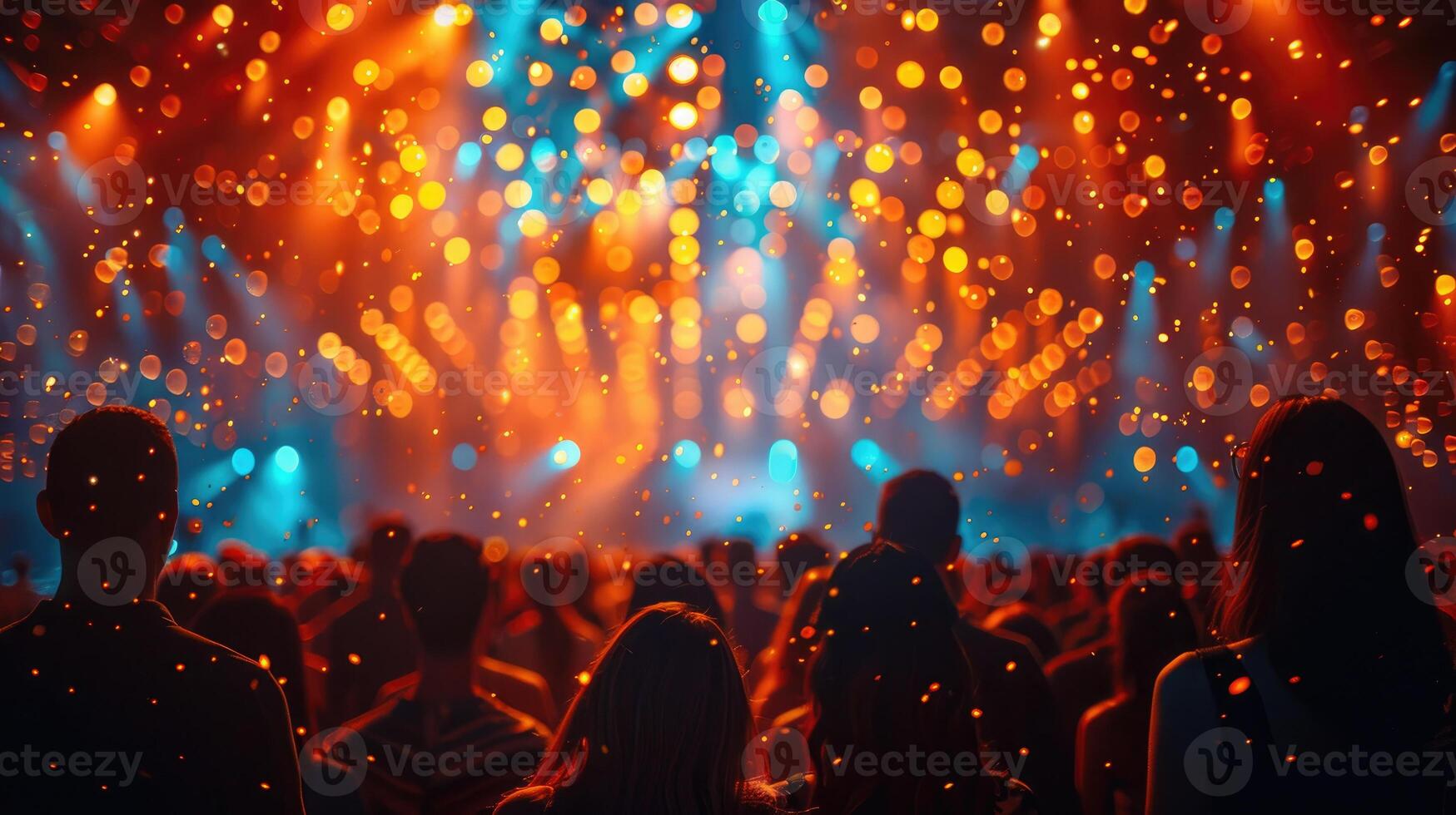 Spectator silhouettes against laser show on stage image. Large crowd at night concert photography scene realistic. City night life entertainment concept photorealistic photo