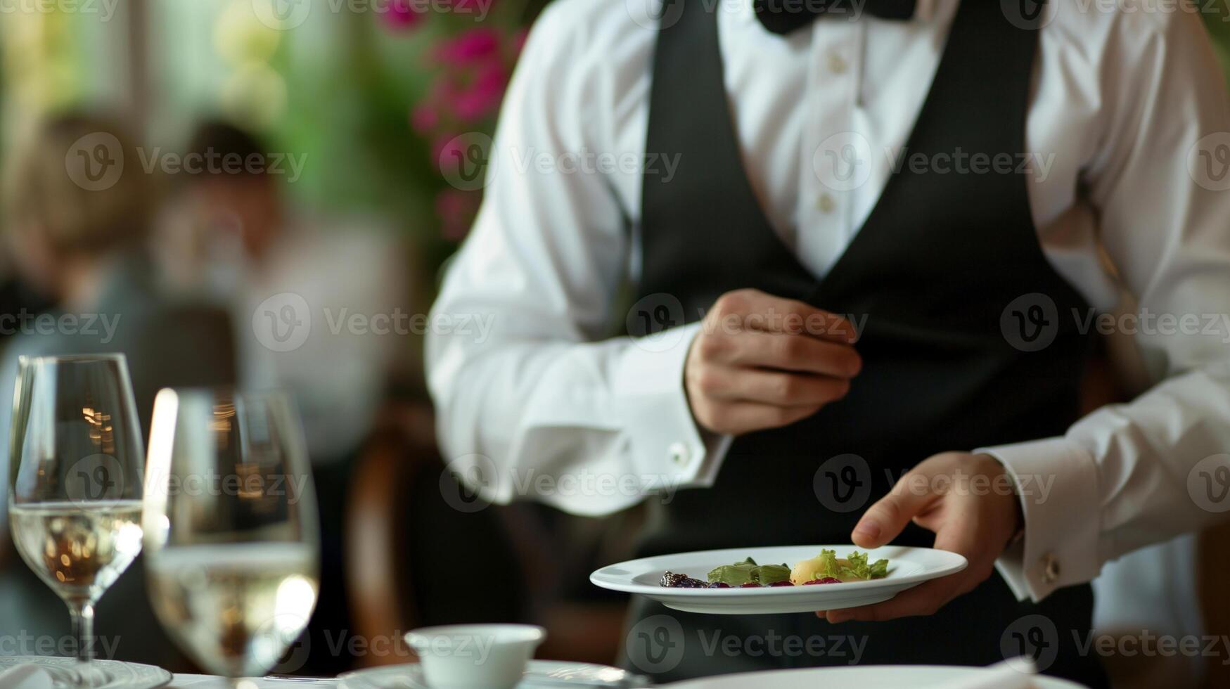 Waiter in formal attire presenting elegantly plated dish closeup image. Refined restaurant glasses tableware close up photography. Fine dining occupation concept photo realistic