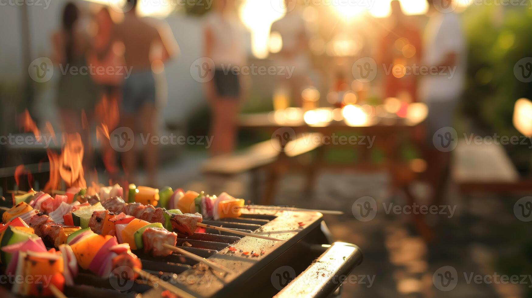Fresh meat and vegetables on brazier closeup image. Happy summer party outdoors gathering friends close up photography. Healthy food on open fire preparation concept photo realistic