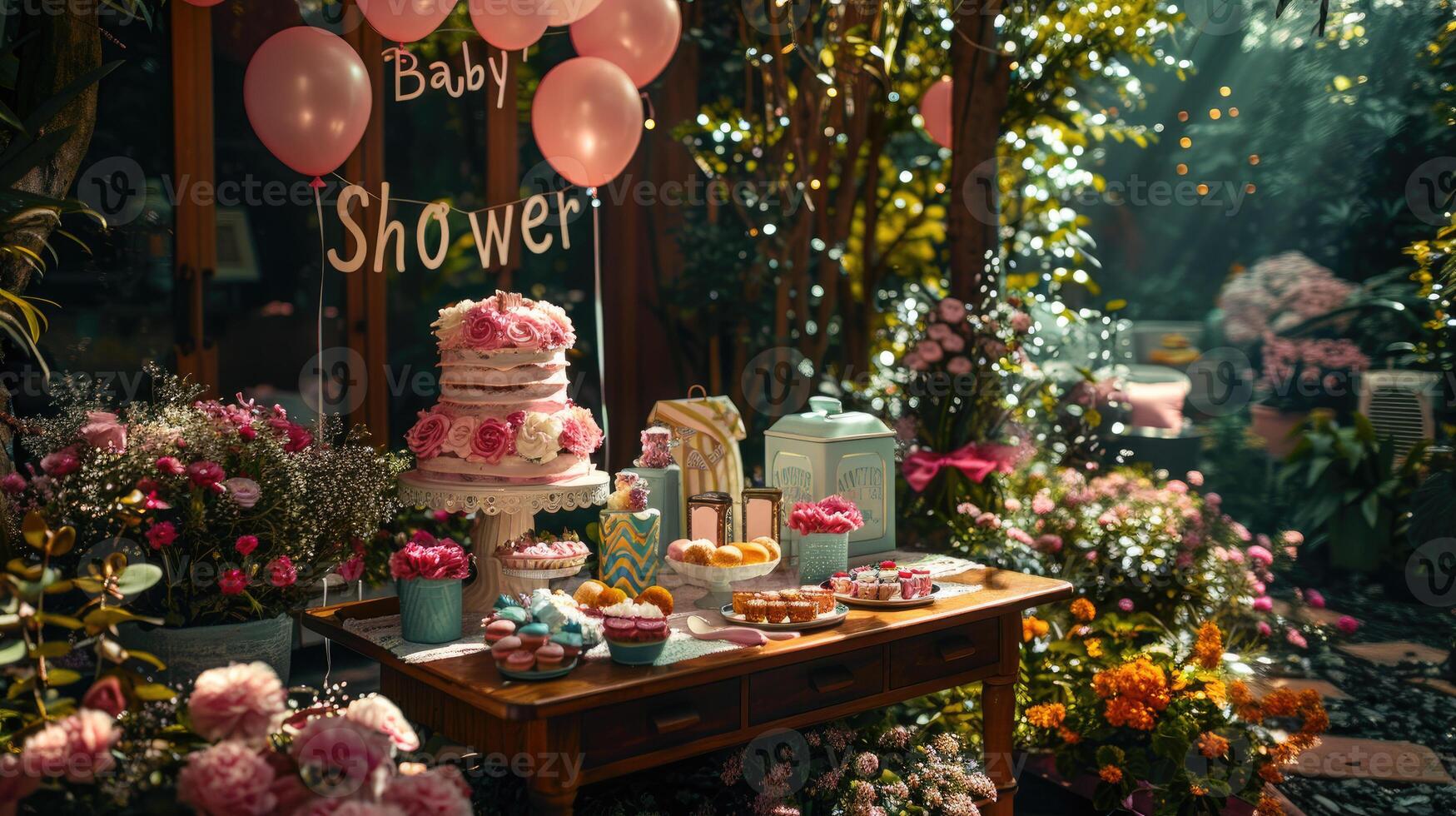 Baby shower party in summer garden image. Celebrating impending birth of child photography scene wallpaper. Cute holiday decorations and treats concept photorealistic photo