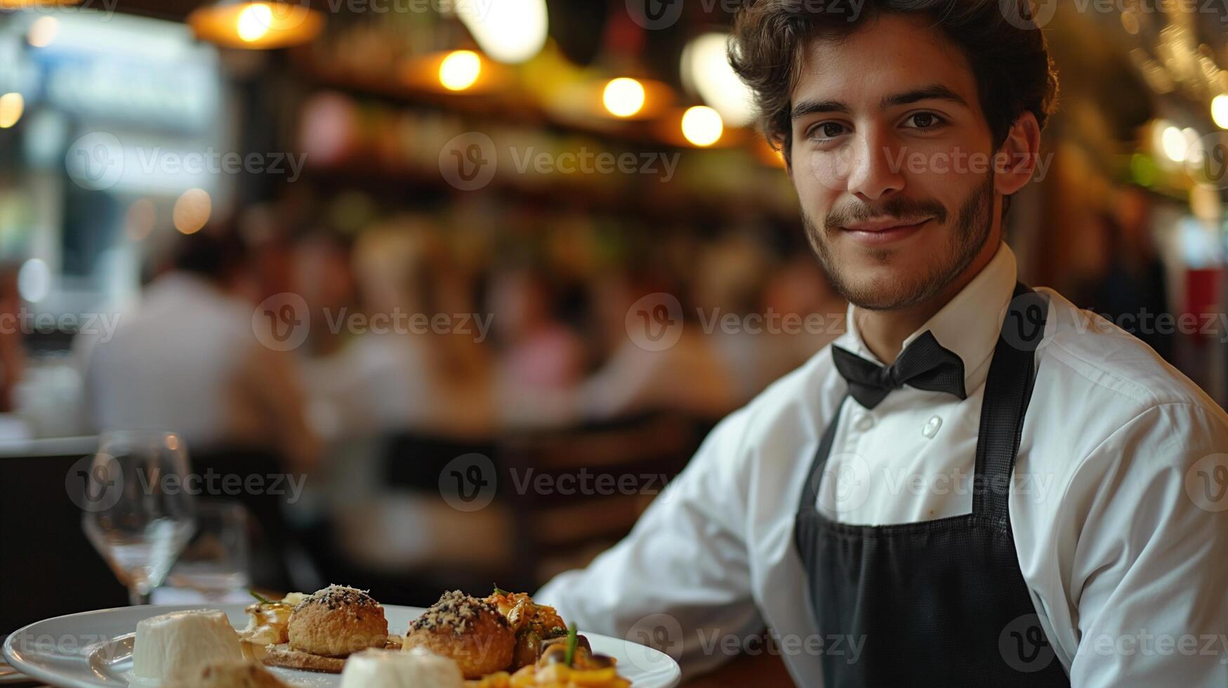 Male waiter presenting exquisite dishes in lively restaurant portrait image. Man in bow tie and apron picture photorealistic photography. Fine dining occupation concept photo realistic