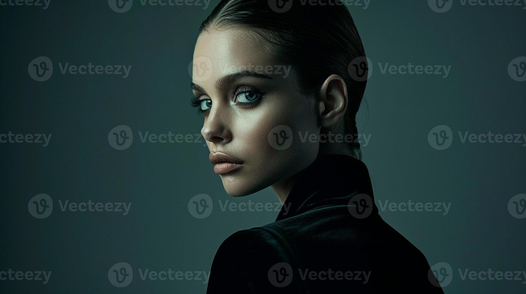 Sophisticated woman in black velvet outfit in soft moody lighting portrait image. Mysterious strong female picture photorealistic photography. Fashion model concept photo realistic