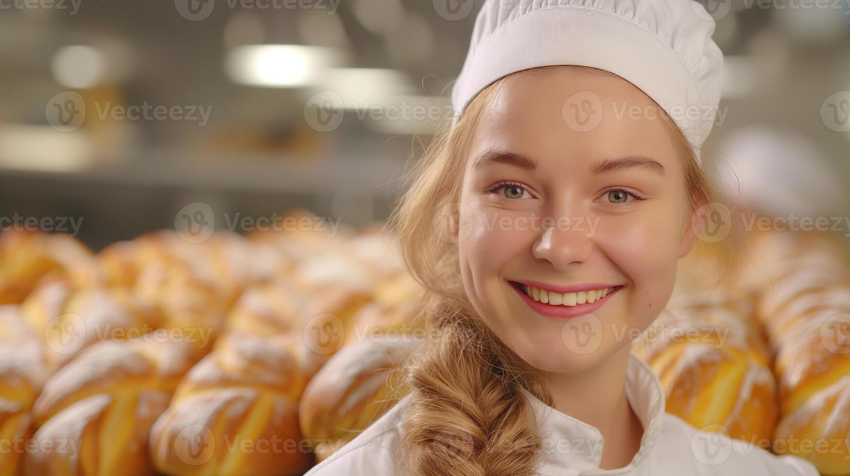 Smiling young female baker in bread factory portrait image. Baking professional woman in white uniform and chef hat picture photorealistic. Bakeshop. Bakehouse concept photo realistic