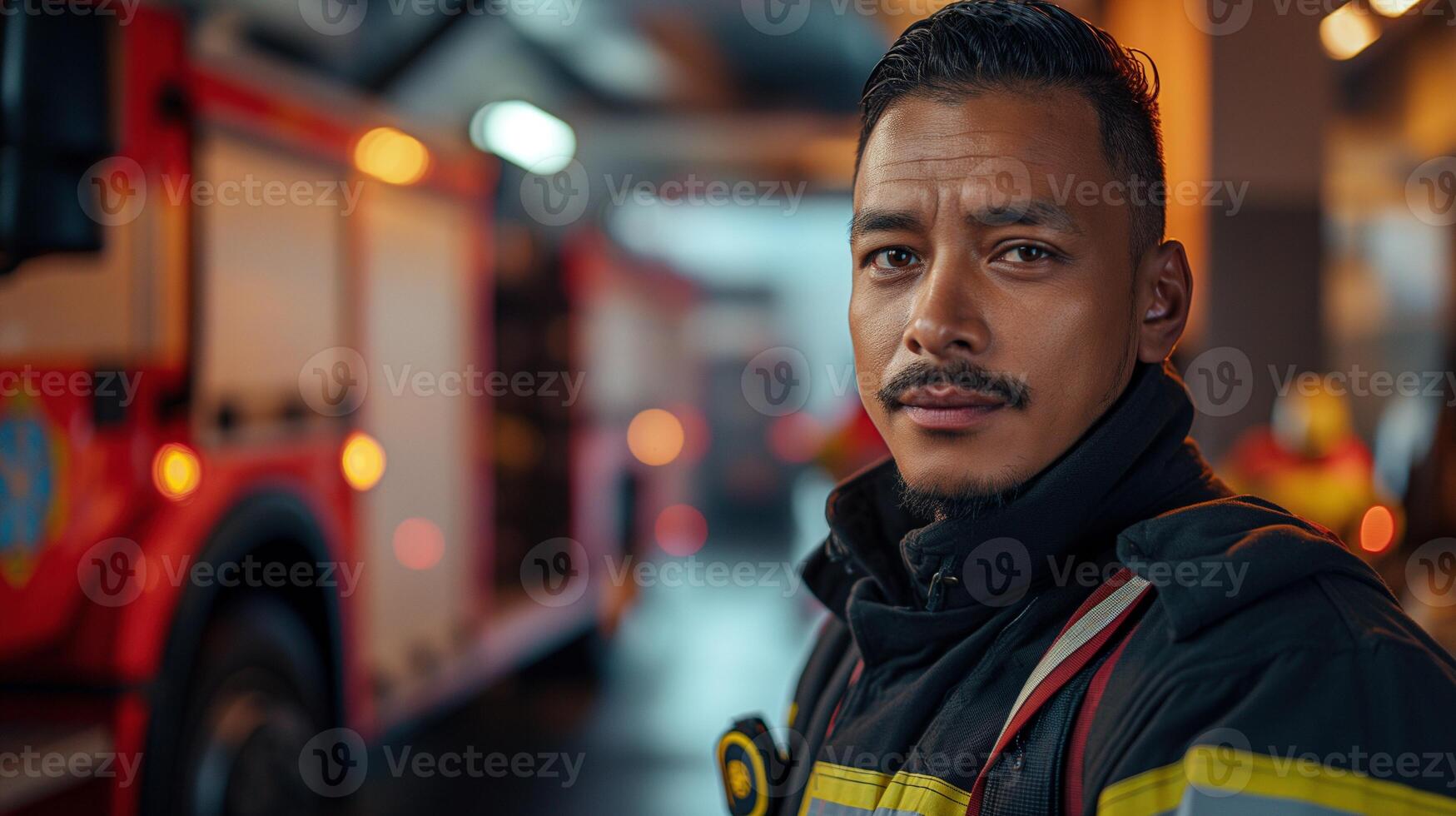 Seasoned latino male firefighter standing proud in fire station portrait image. Fireman fire fighter picture photorealistic photography. Emergency responder concept photo realistic