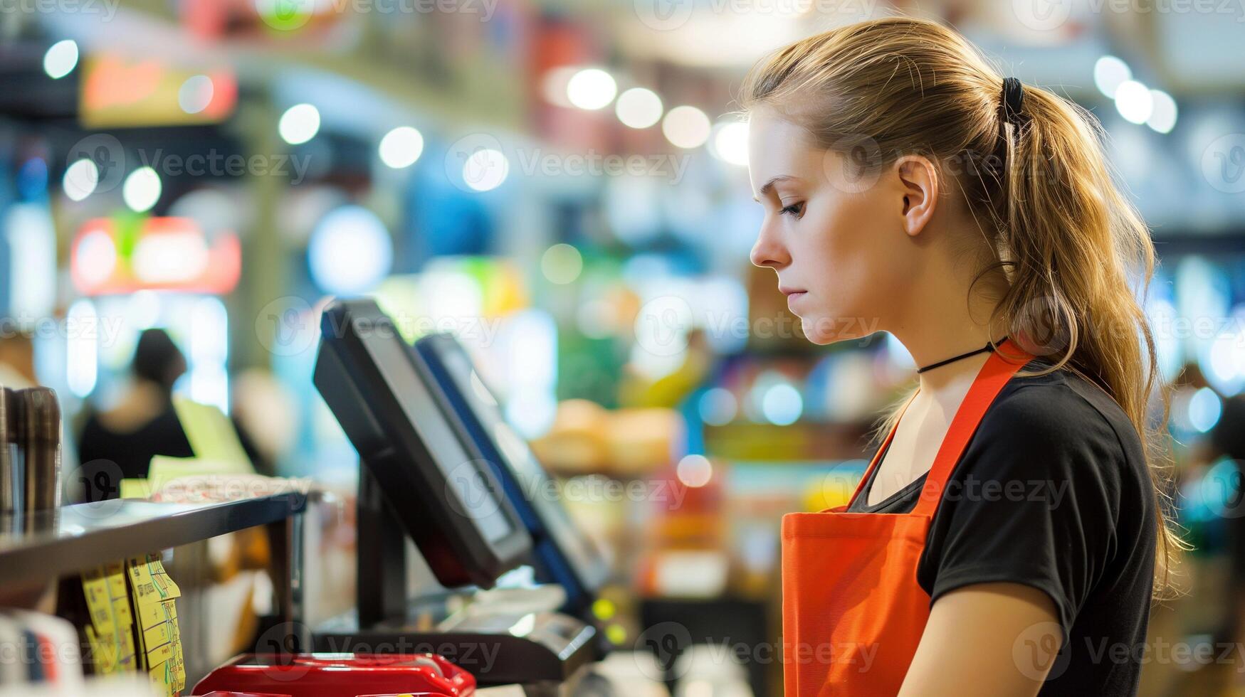 Attentive caucasian woman cashier in bright retail store portrait image. Professional service picture photorealistic photography. Supermarket occupation concept photo realistic