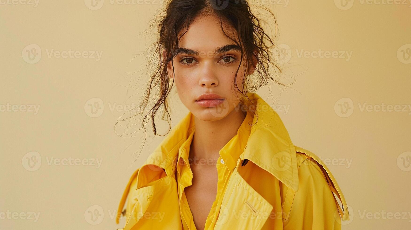 Bold and radiant in monochrome yellow fashion portrait image. Latina woman intense gaze, messy updo picture photorealistic photography. Fashionable model concept photo realistic