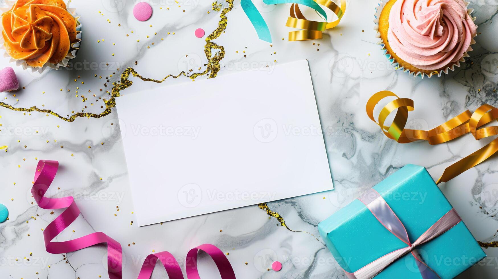 Blank card with holiday decor on marble table image copy space. Congratulation with birthday banner background blurred. Happy event celebration flat lay concept photography copyspace photo