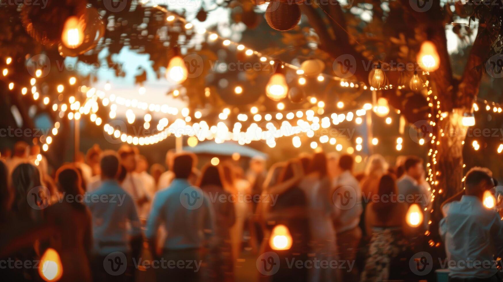 Glowing string lights illuminating garden party image. Warm lamps creating magical holiday atmosphere photography scene realistic. Outdoor gathering concept photorealistic photo