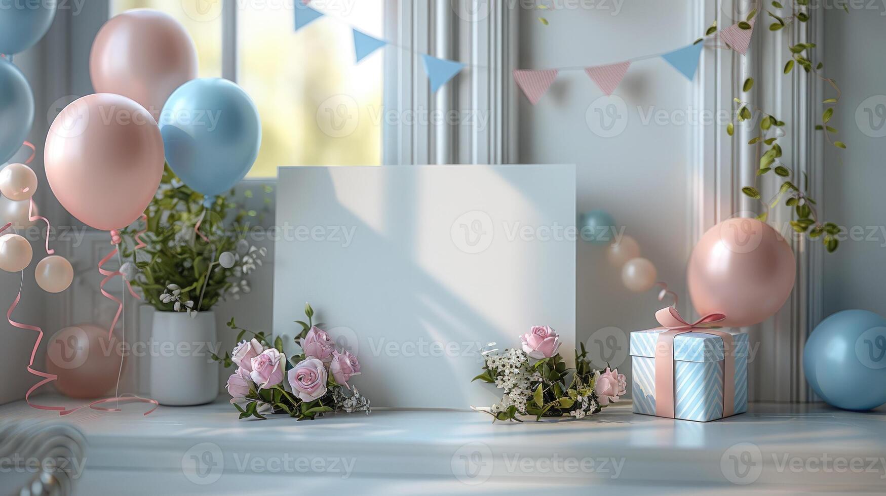 Blank paper with flowers and balloons image copy space. Baby birthday celebration composition banner background blurred. Festive event congratulation concept photography copyspace photo