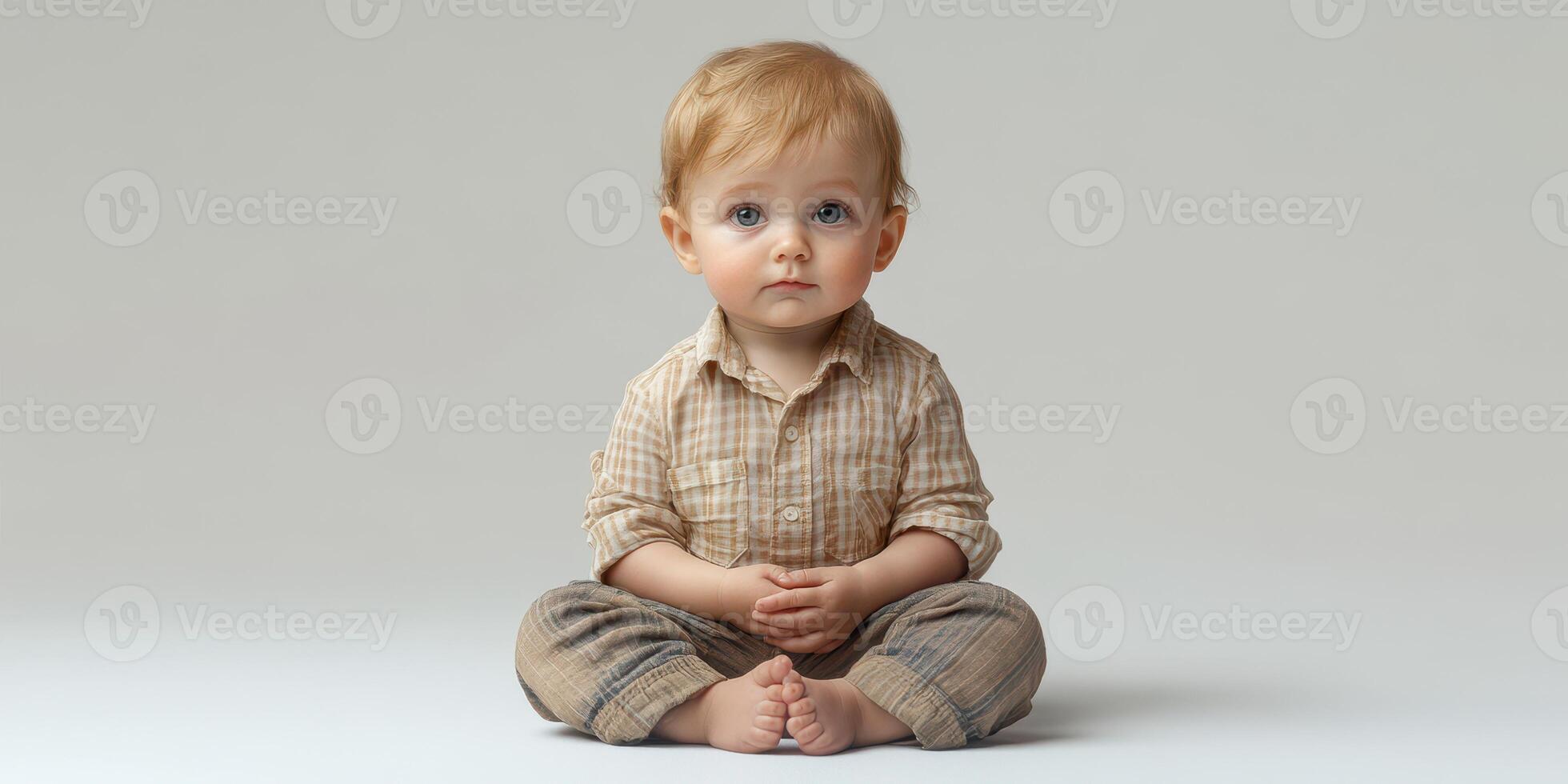 Young child sitting calmly on a light background, displaying a thoughtful expression in a serene indoor setting photo