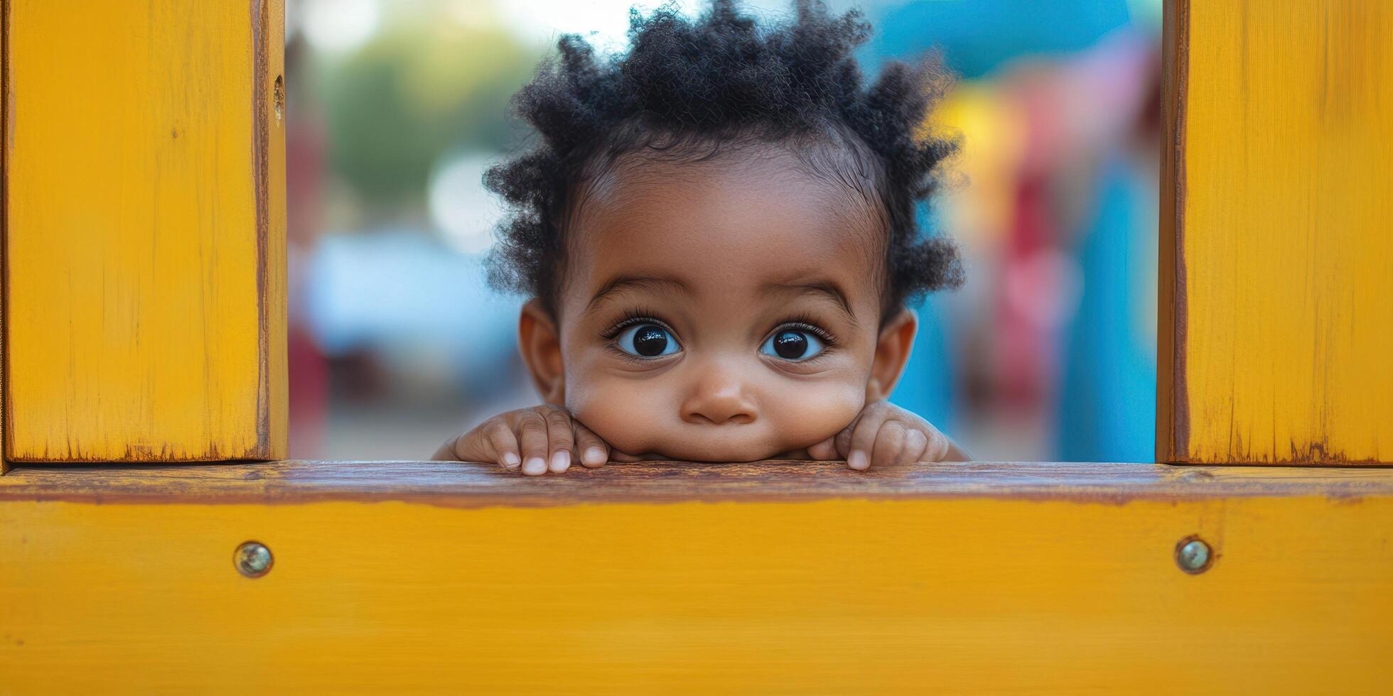 Curious baby playing at a colorful outdoor playground during a sunny day photo