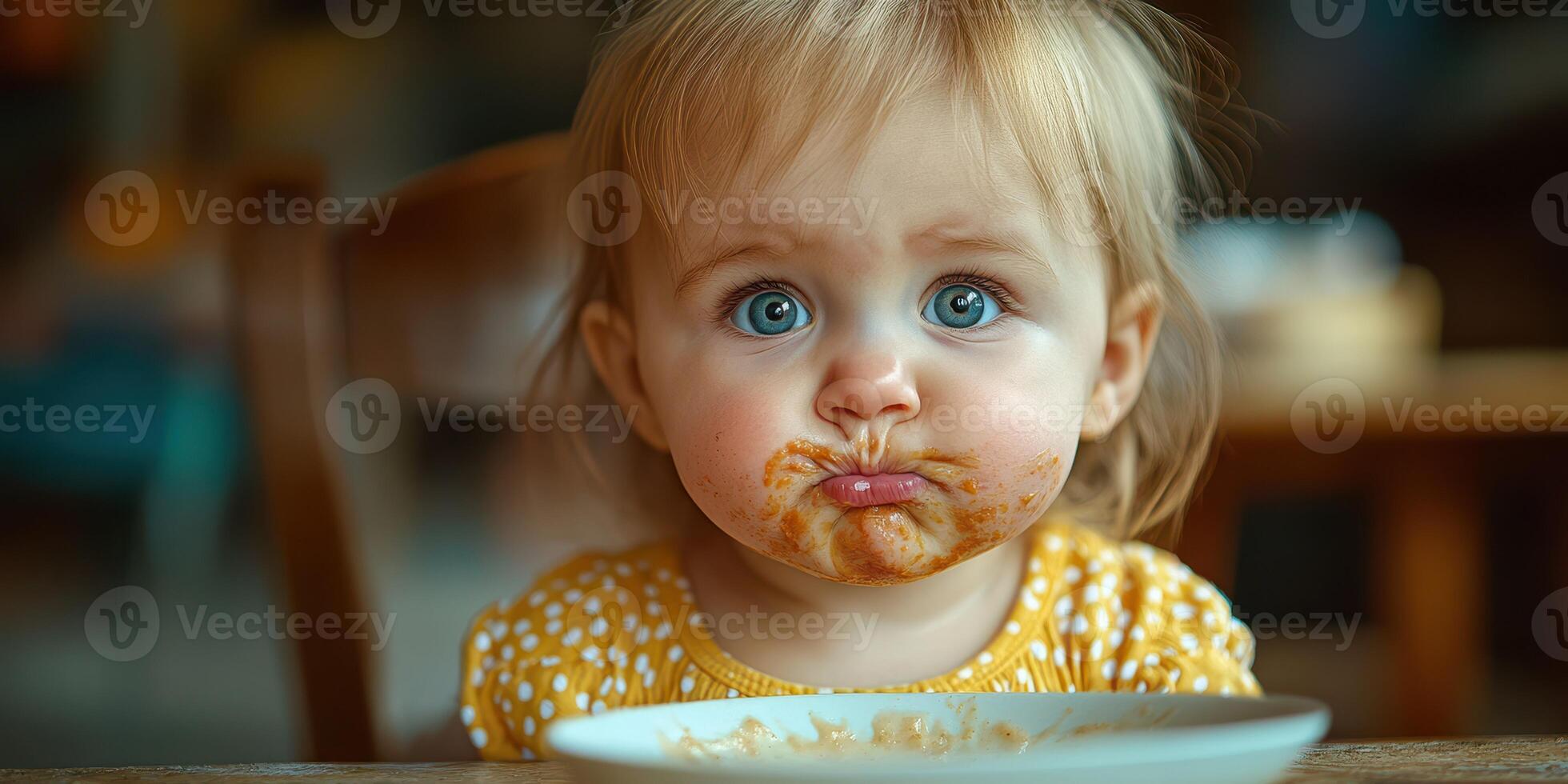 Child enjoys messy meal with a playful expression at a cozy dining table in a warm, inviting space during daytime photo