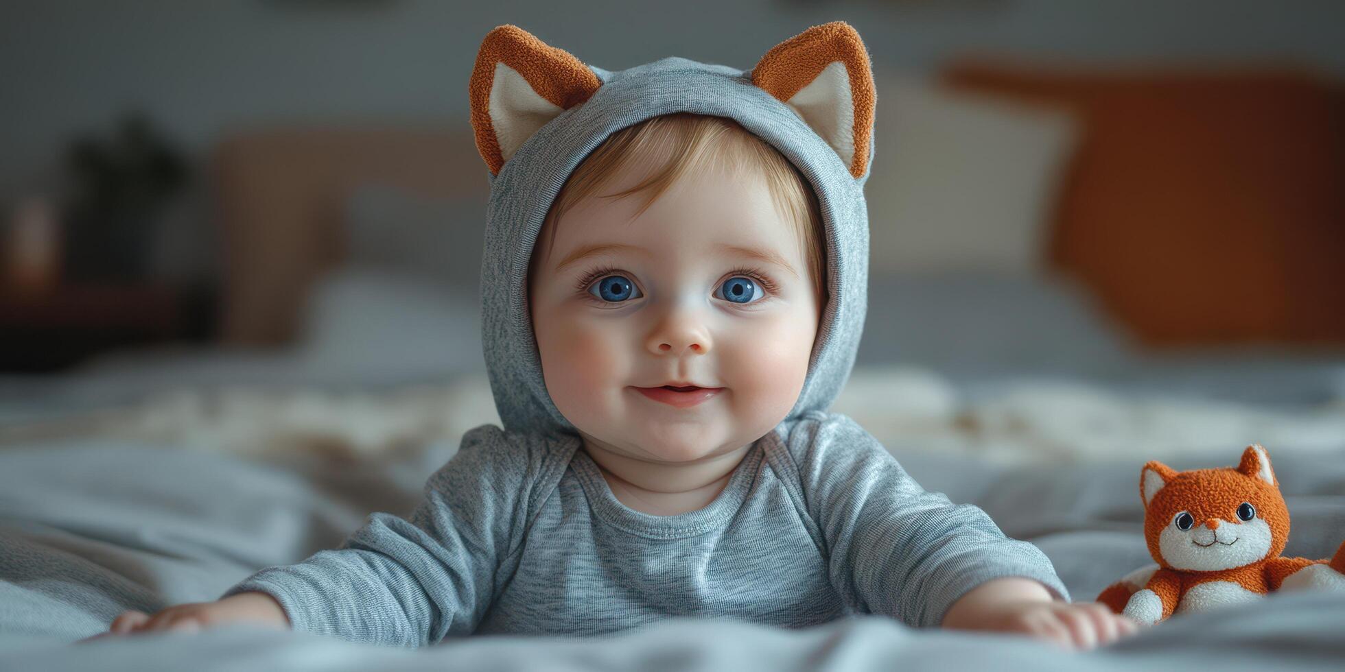 Baby in a cute animal hoodie smiles warmly at the viewer while surrounded by soft toys in a cozy indoor setting photo