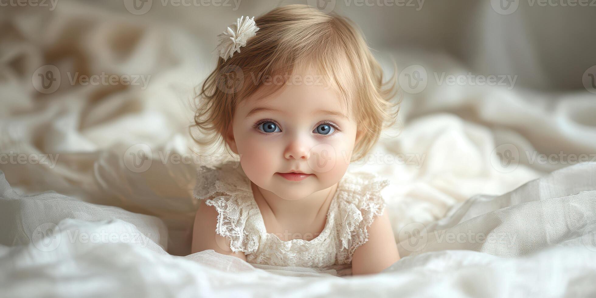 Cute baby with blue eyes wearing a lace outfit on a soft blanket, showcasing a moment of joy and innocence photo