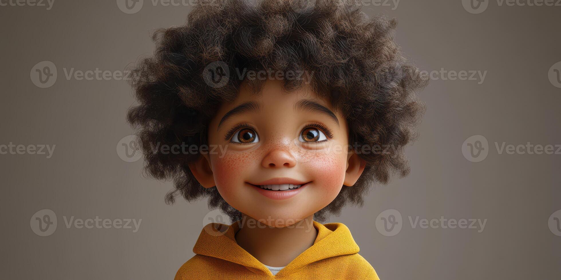 Smiling child with curly hair wears a yellow hoodie while expressing joy in a neutral background photo