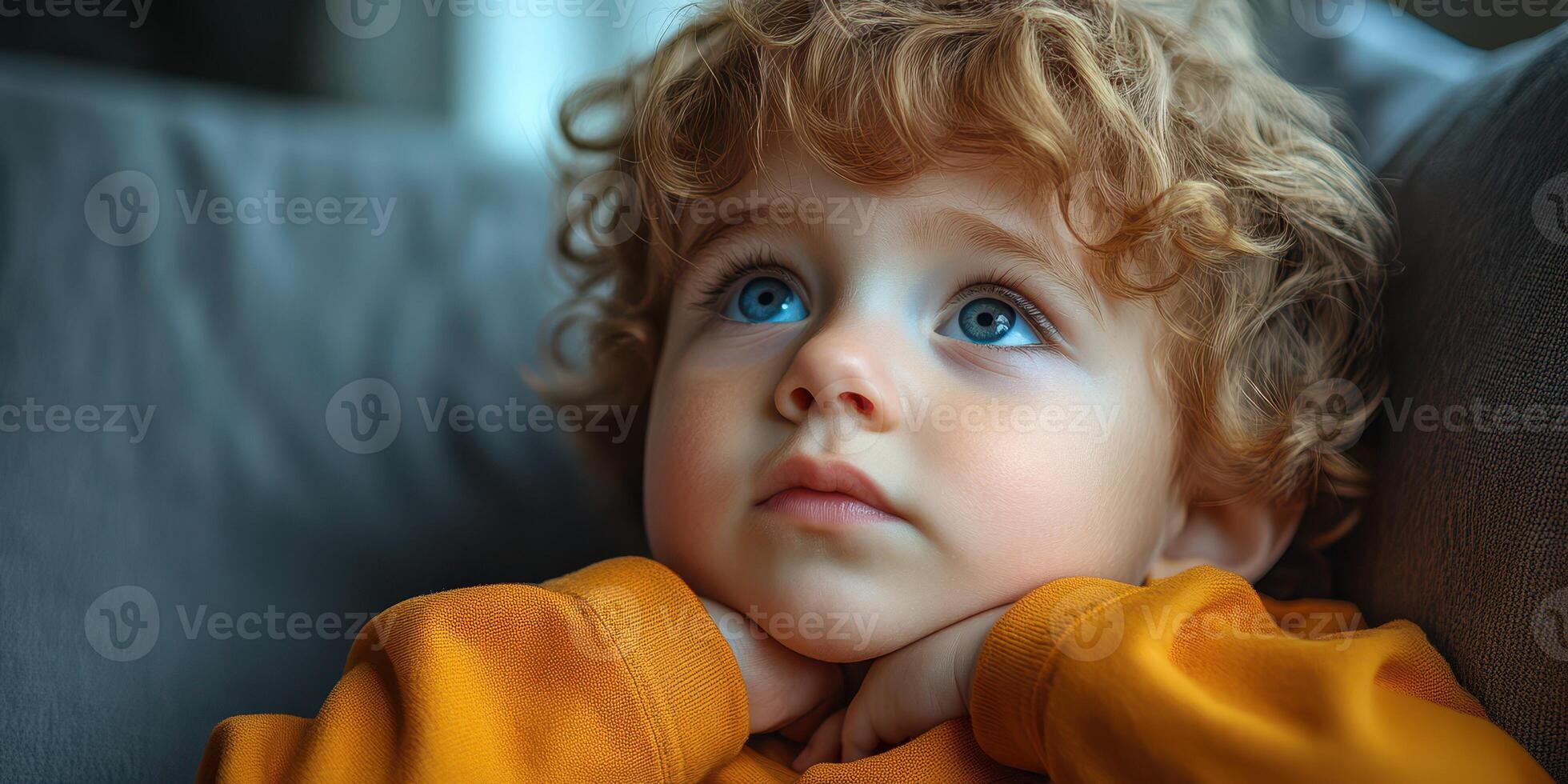 Curly-haired child gazes thoughtfully while resting hands on chin in cozy indoor setting photo
